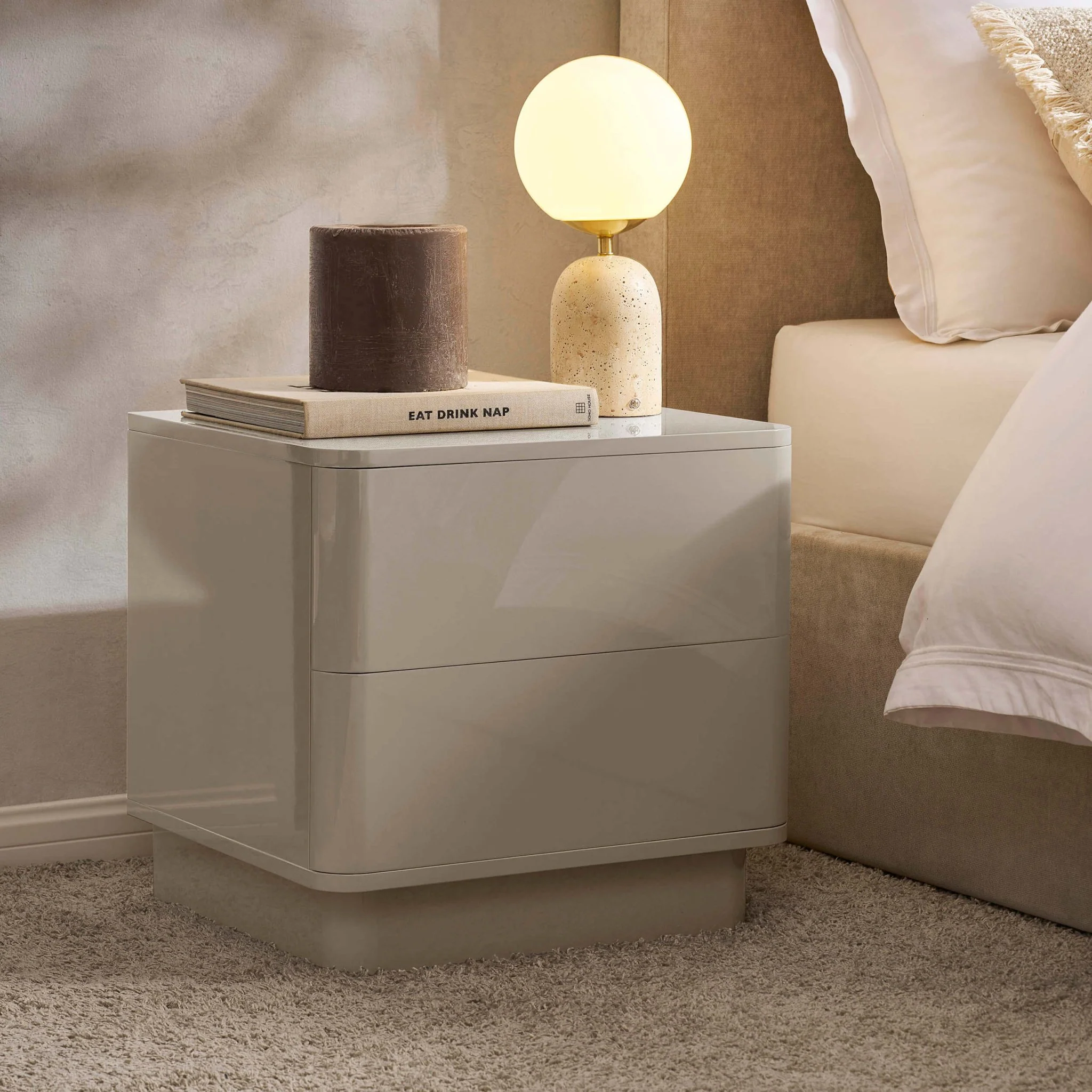 Romilly High Gloss 2 Drawer Bedside Table - Taupe