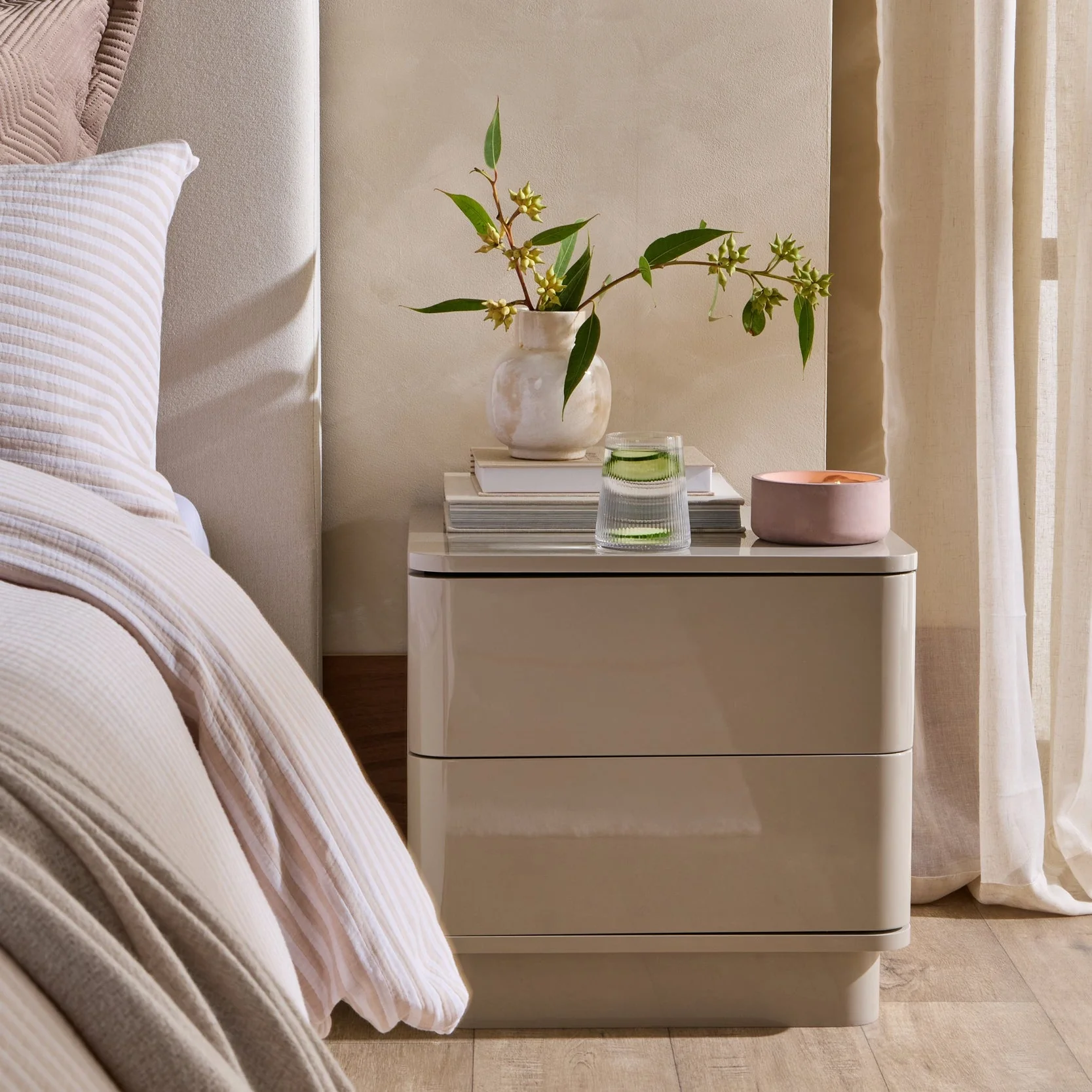 Romilly High Gloss 2 Drawer Bedside Table - Taupe - Image 2