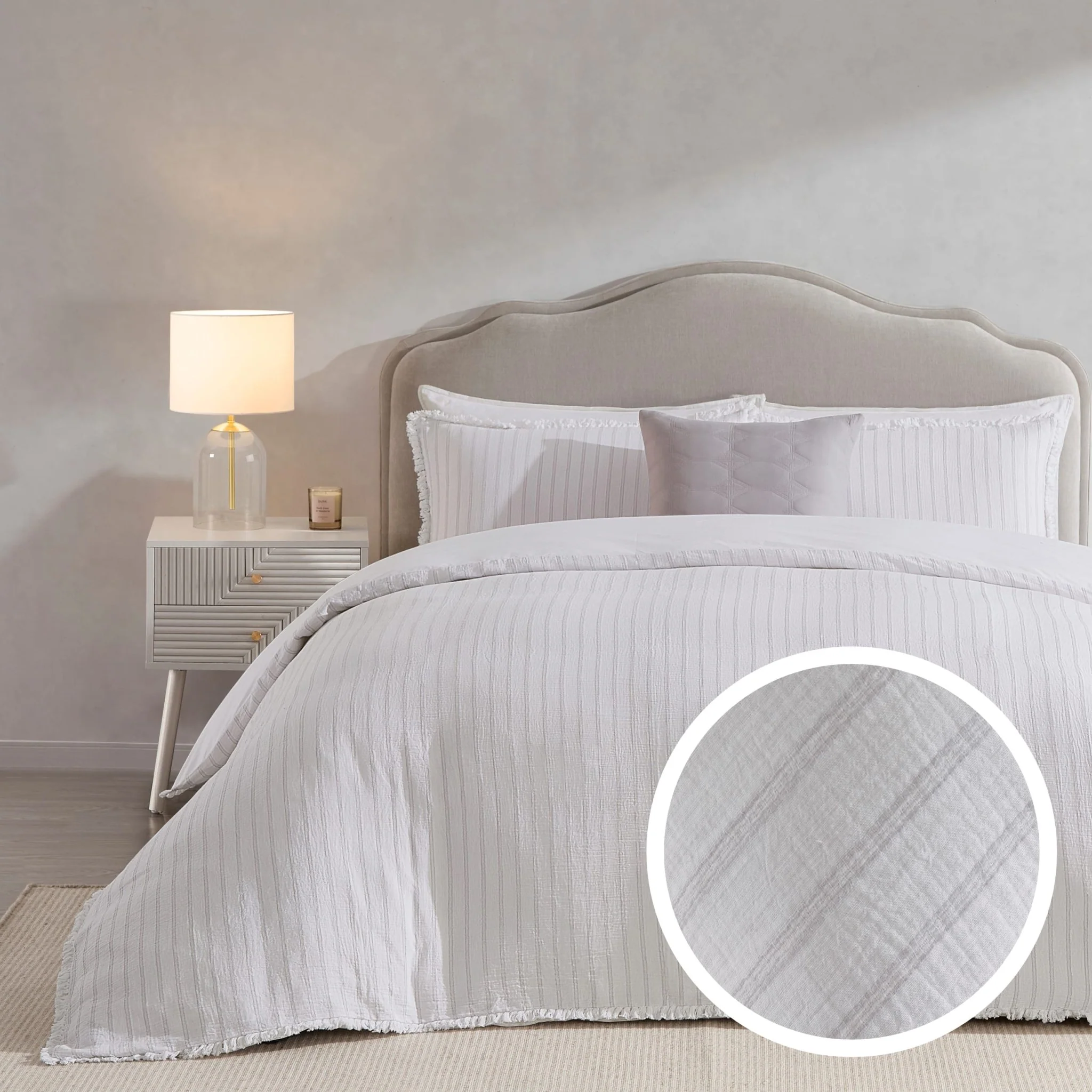 Saffi Stripe Jacquard 200 Thread Count Duvet Cover & Pillowcase Set - White/Grey