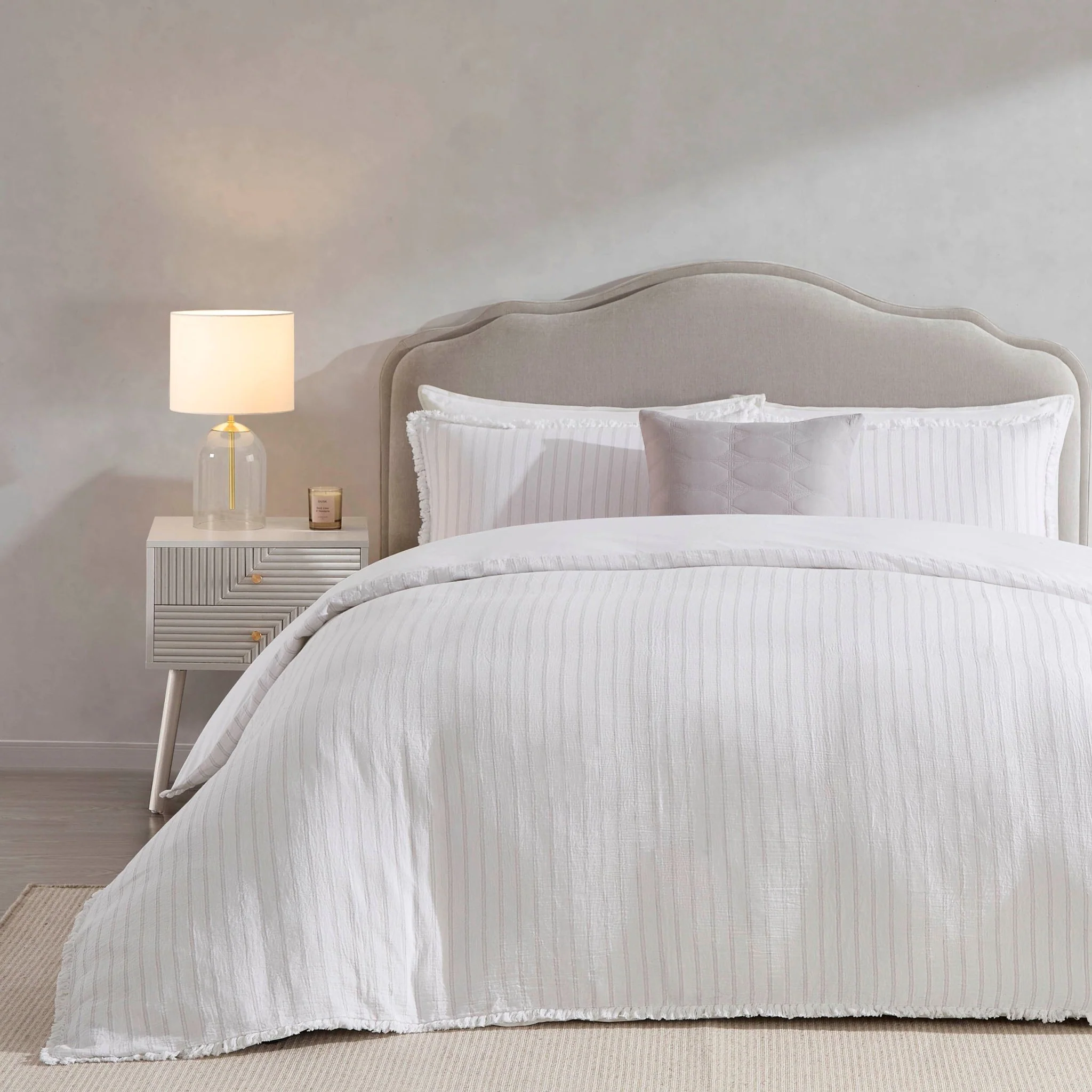 Saffi Stripe Jacquard 200 Thread Count Duvet Cover & Pillowcase Set - White/Grey - Image 2