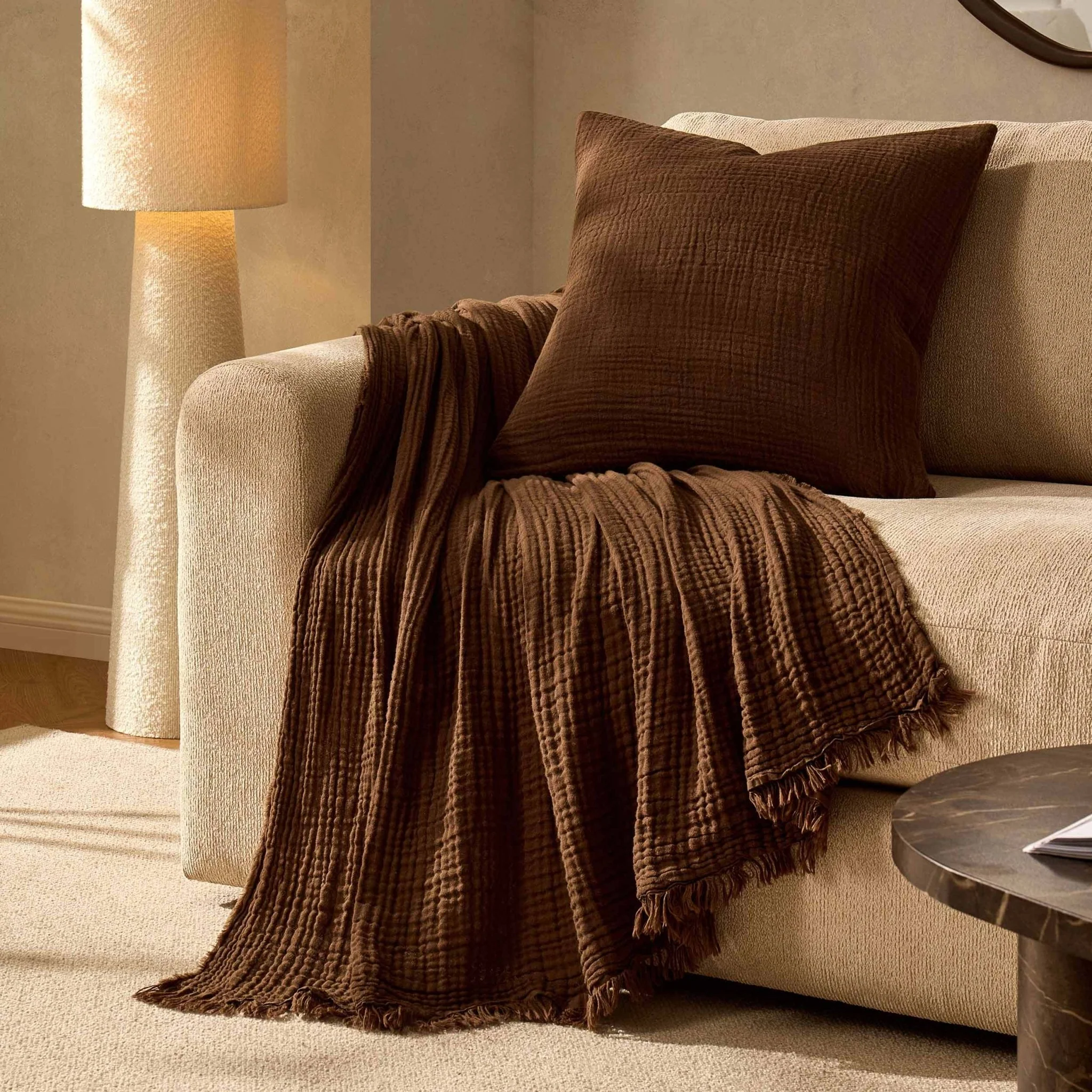 Savannah Four Layer Tufted Muslin Sofa Throw - Chocolate