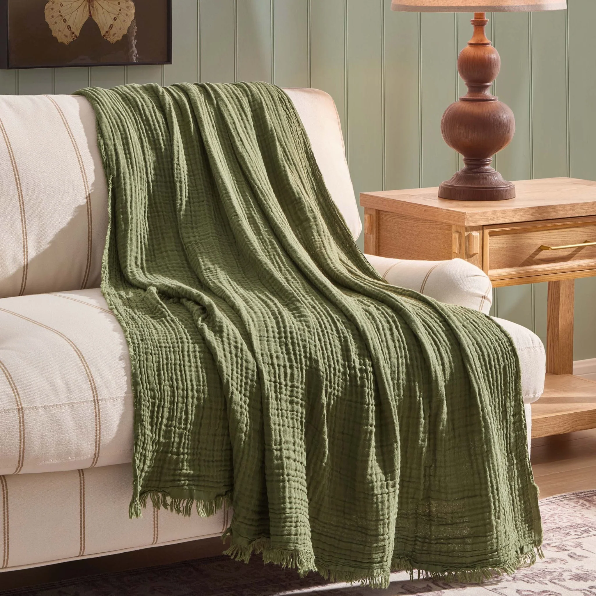Savannah Four Layer Tufted Muslin Sofa Throw - Olive Green