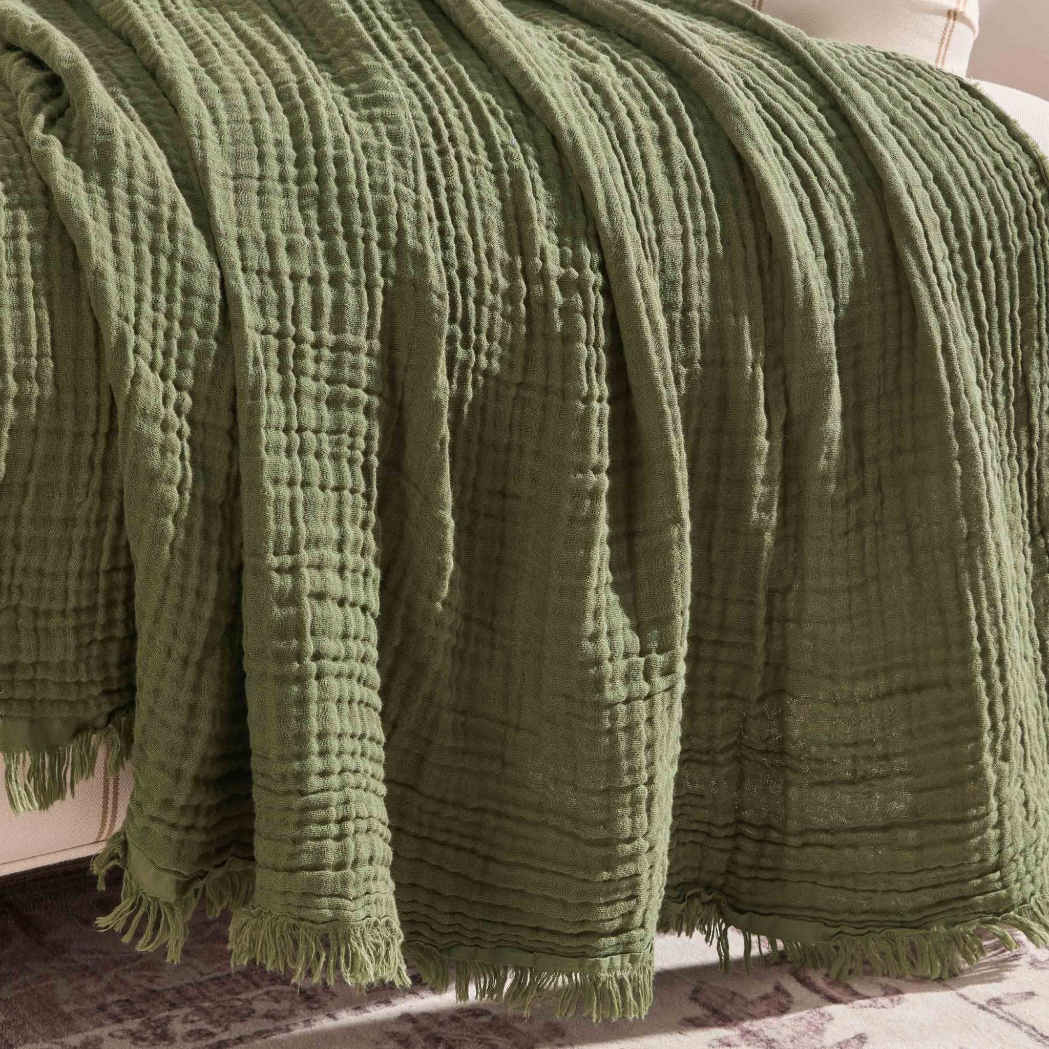 Savannah Four Layer Tufted Muslin Sofa Throw - Olive Green - Image 2