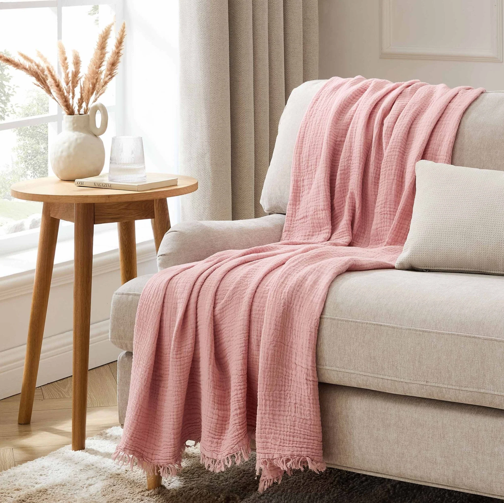 Savannah Four Layer Tufted Muslin Sofa Throw - Rose
