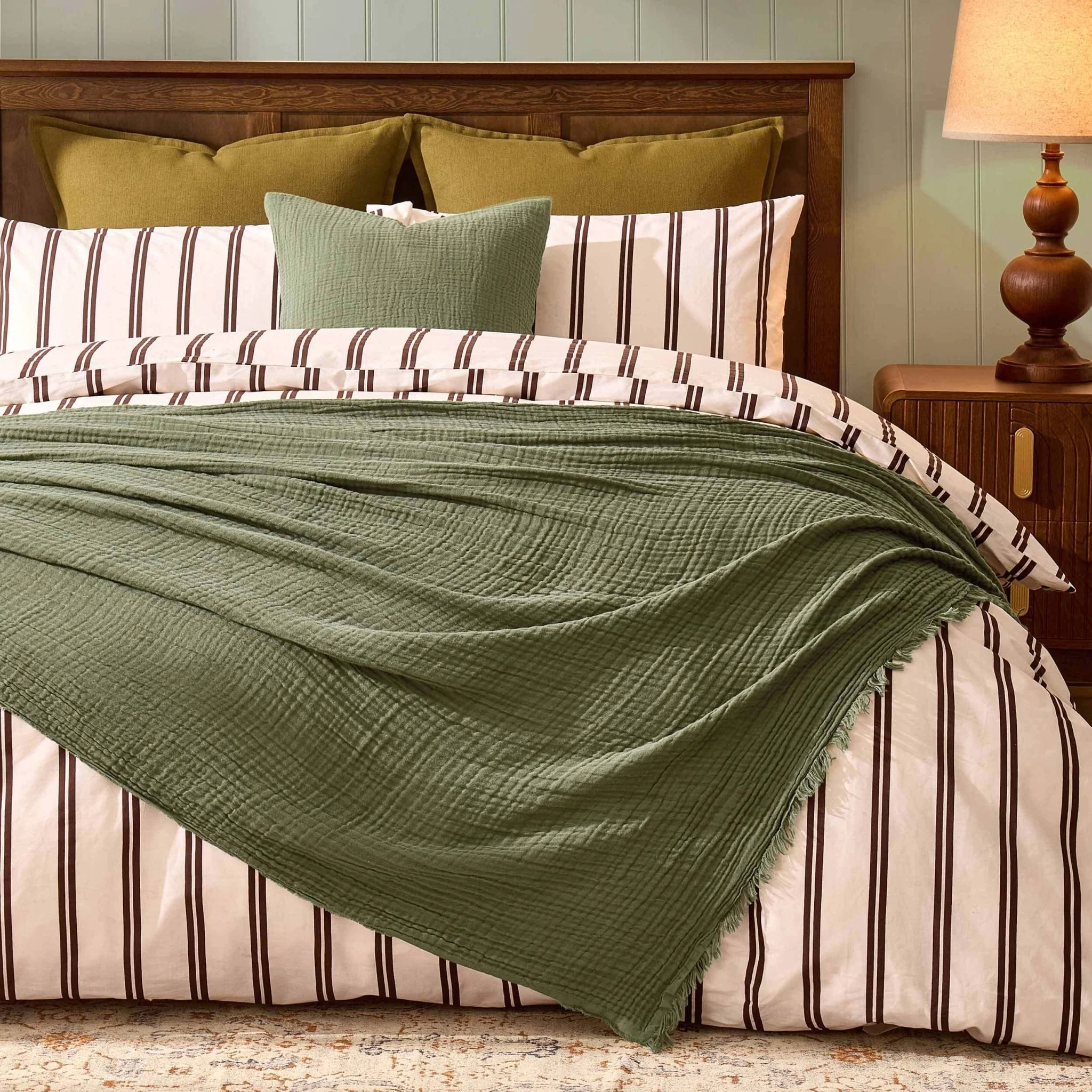 Savannah Four Layer Tufted Muslin Throw - Olive Green