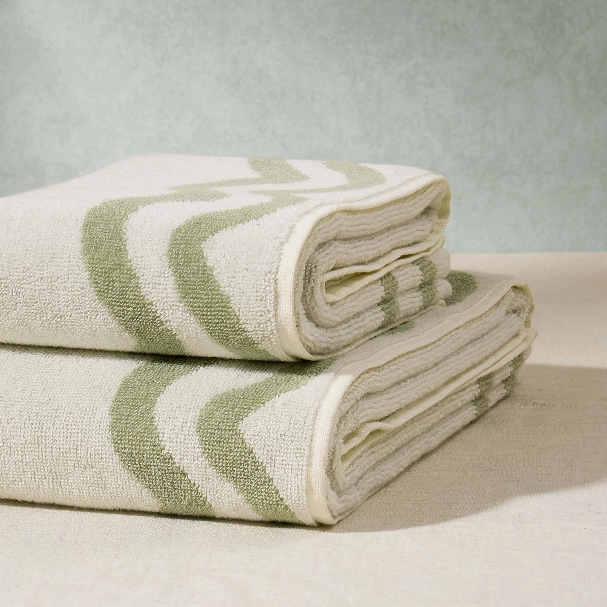 Scalloped Cotton Towels - Off-White/Olive - Image 4