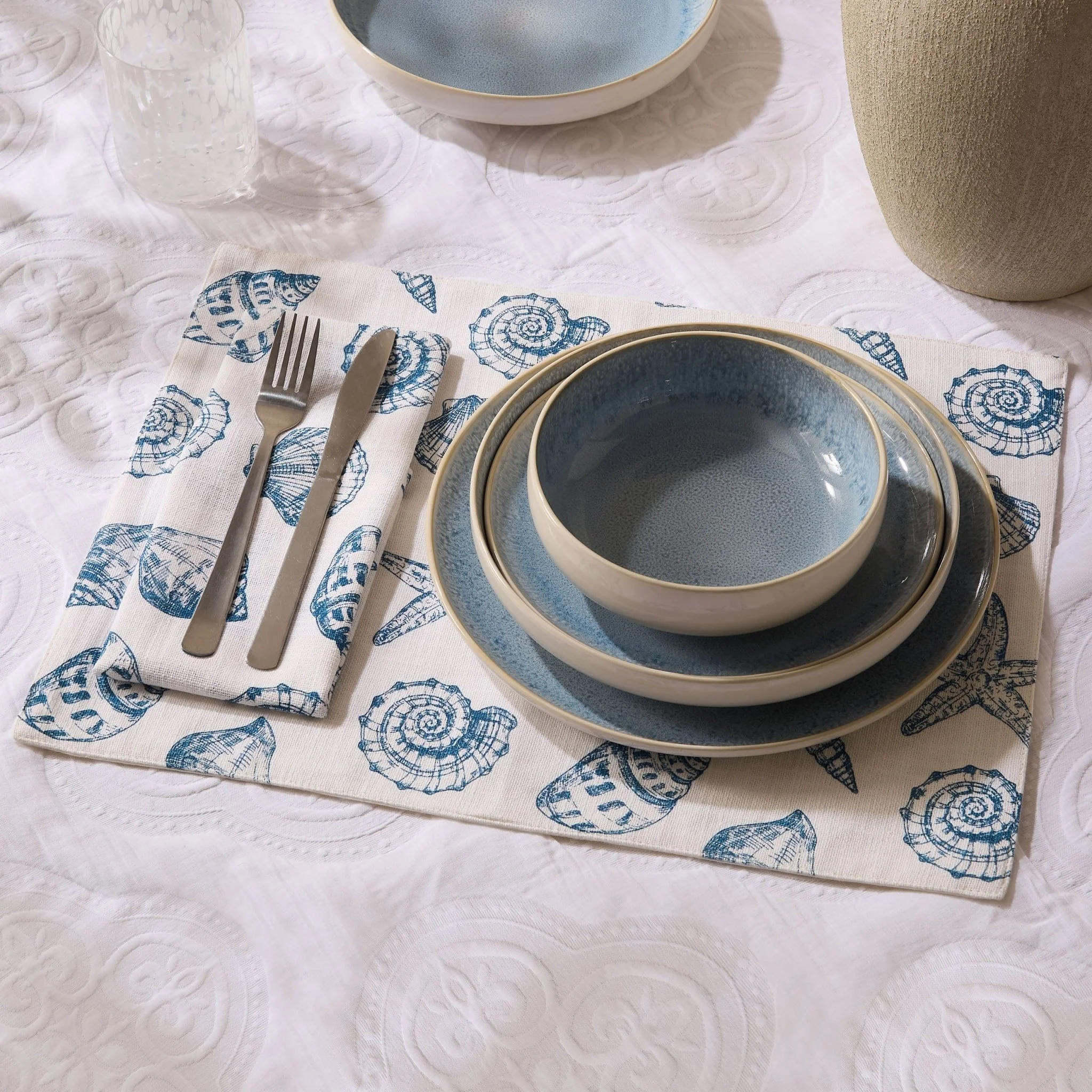 Shell Print Set of 4 Placemats - Natural/ Blue