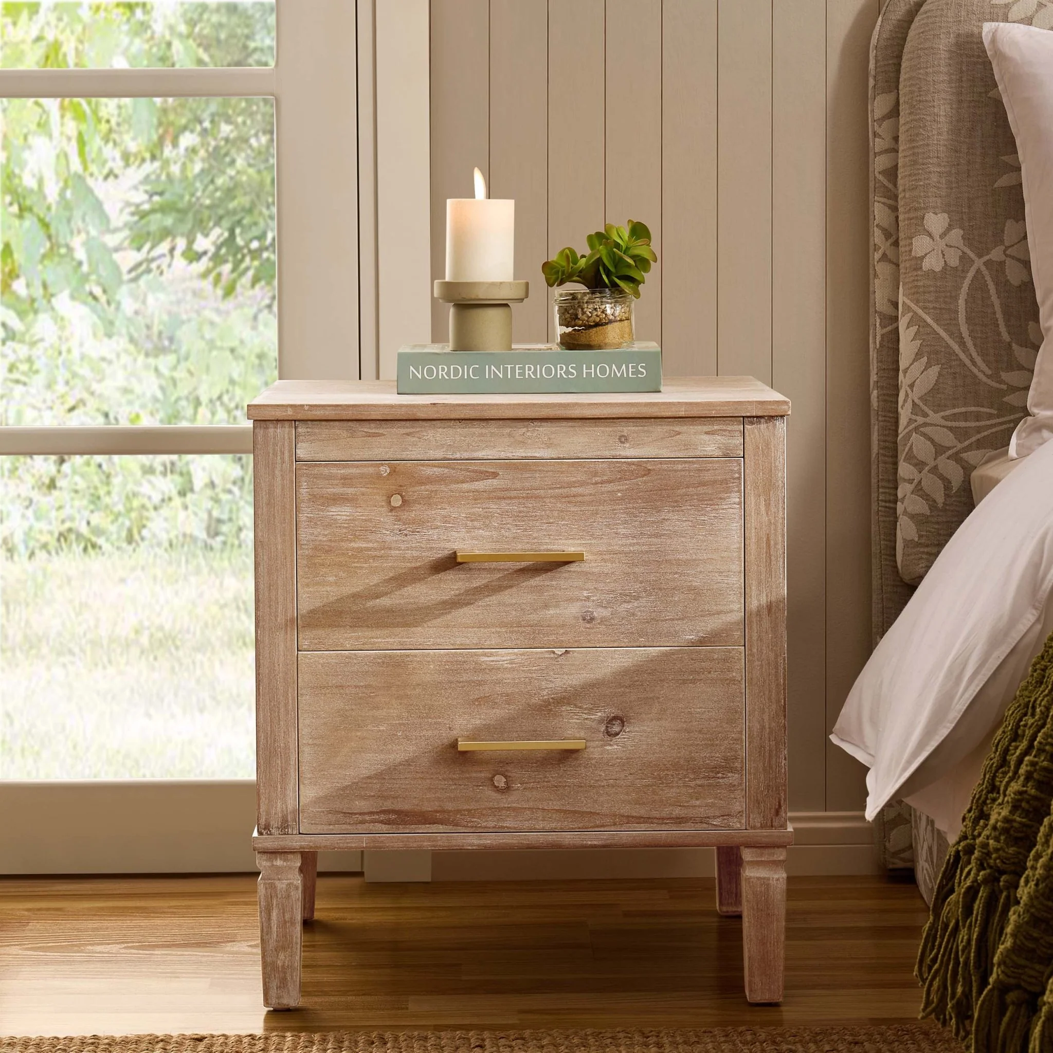 Sienna 2 Drawer Bedside Table - Washed Wood