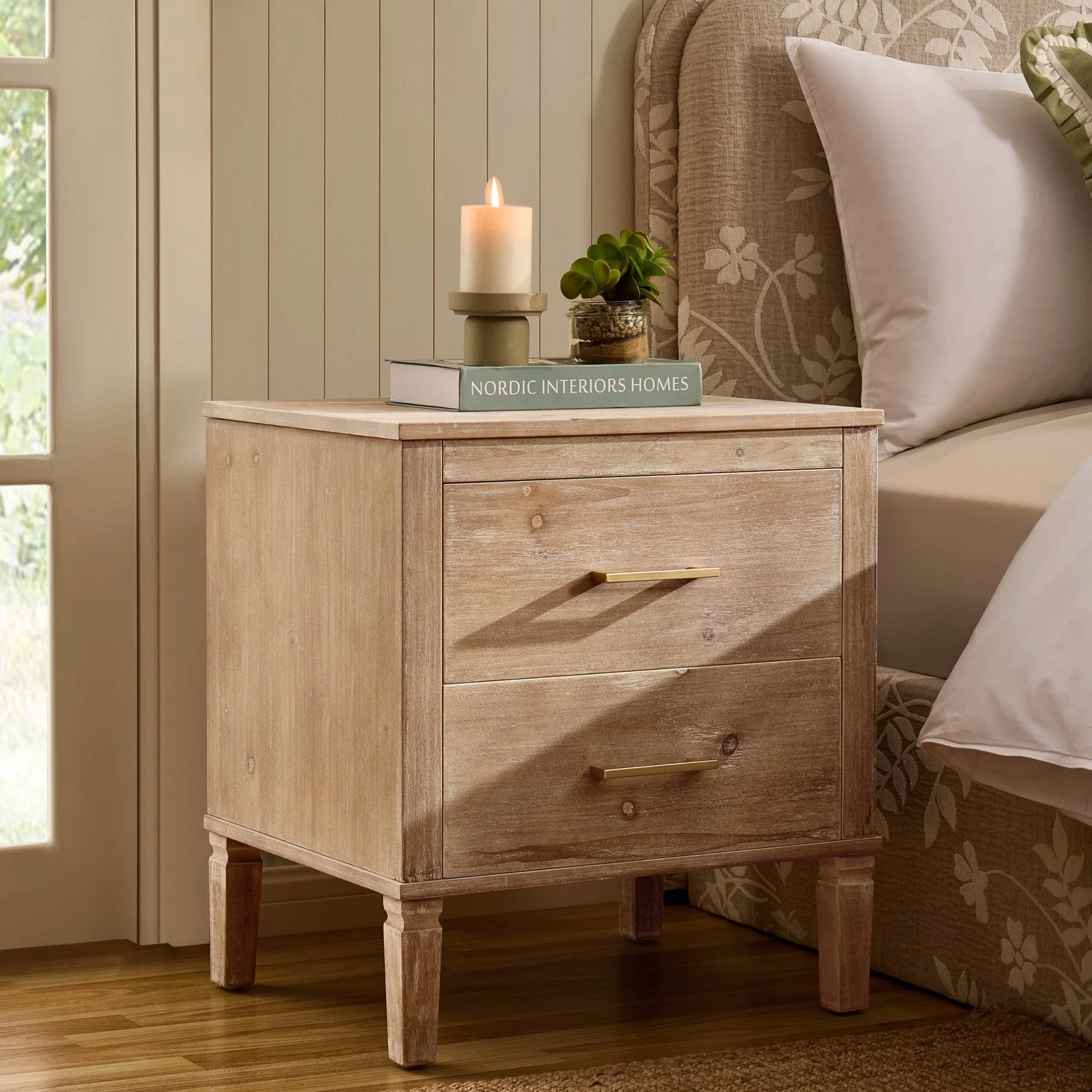 Sienna 2 Drawer Bedside Table - Washed Wood - Image 2