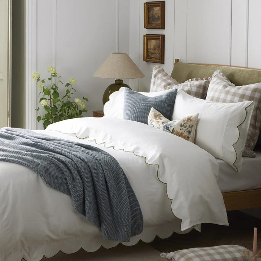 Simone 220 Thread Count Scallop Embroidered Edge Duvet Cover - Off White/Olive - Image 3