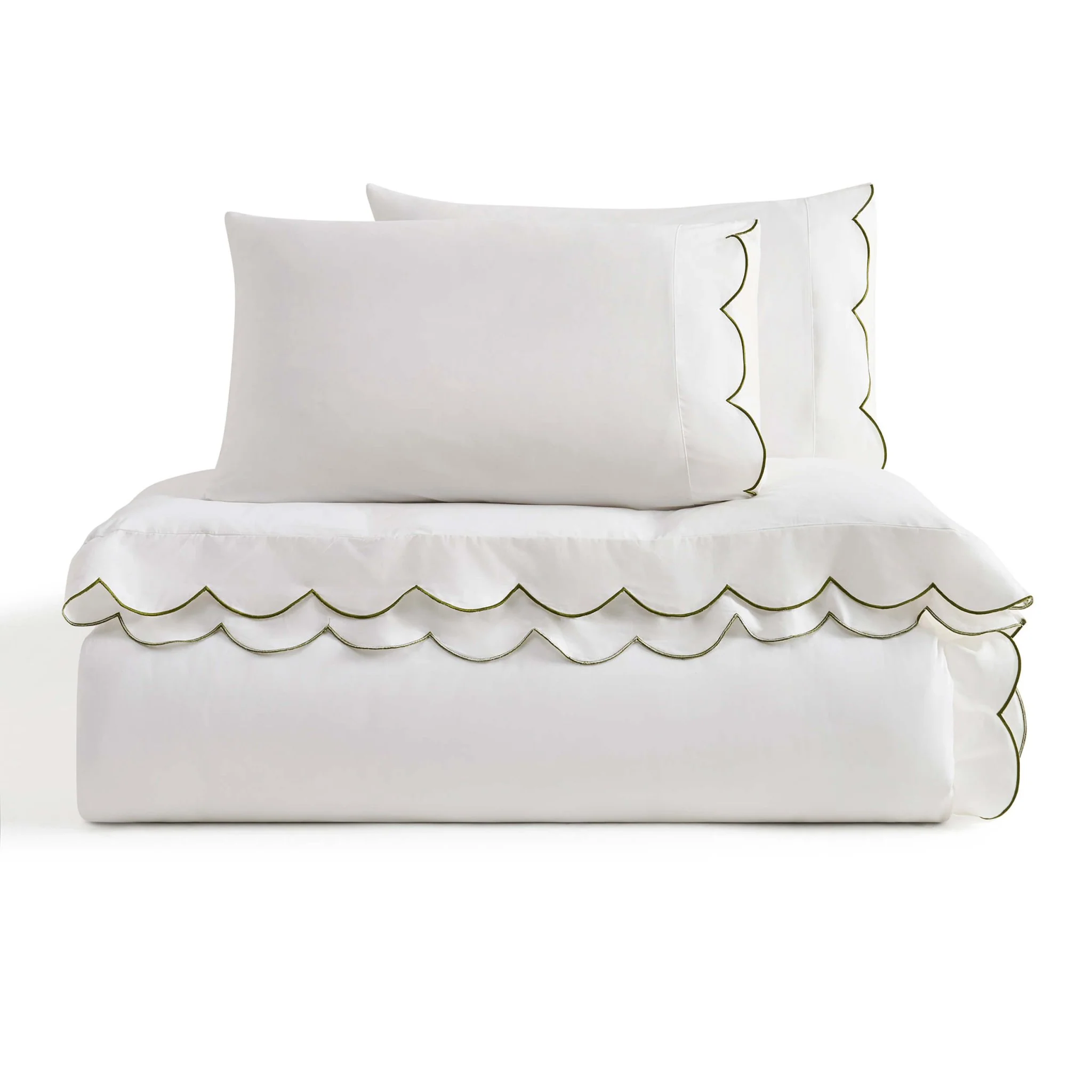 Simone 220 Thread Count Scallop Embroidered Edge Duvet Cover - Off White/Olive - Image 6