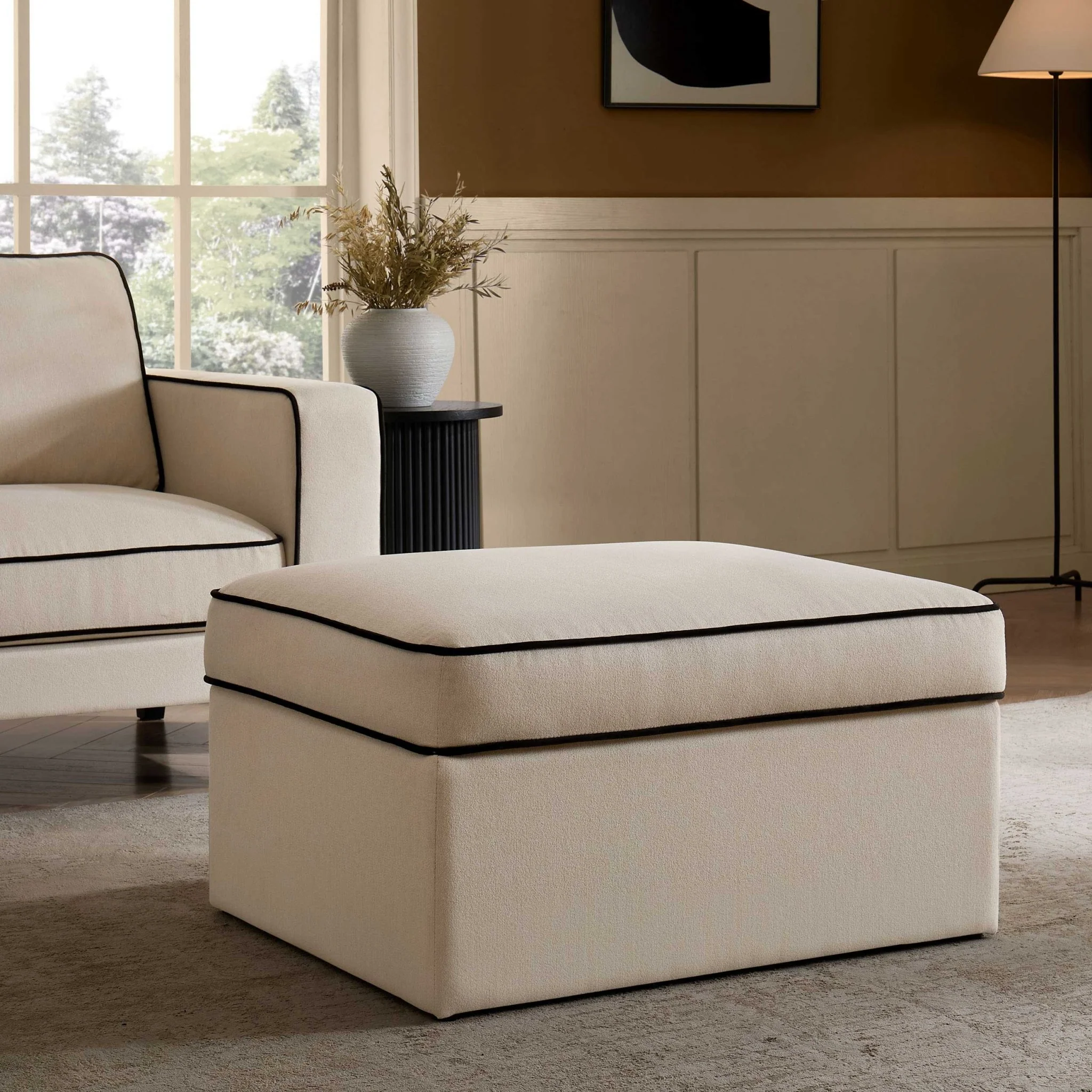 Soho Ottoman Storage Pouffe - Cream Linen/Black
