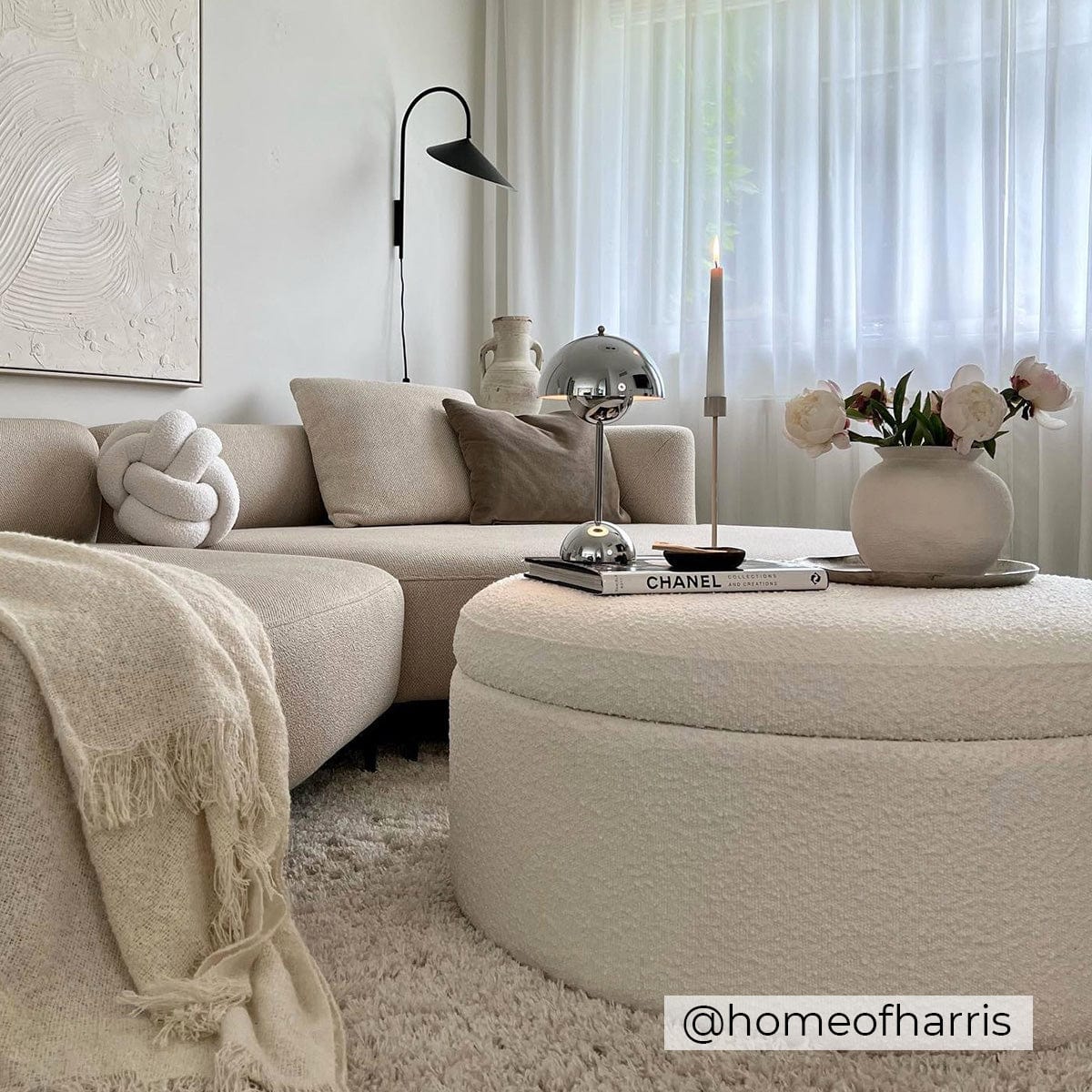 Stockton Boucle Round Storage Pouffe - Off White - Image 3