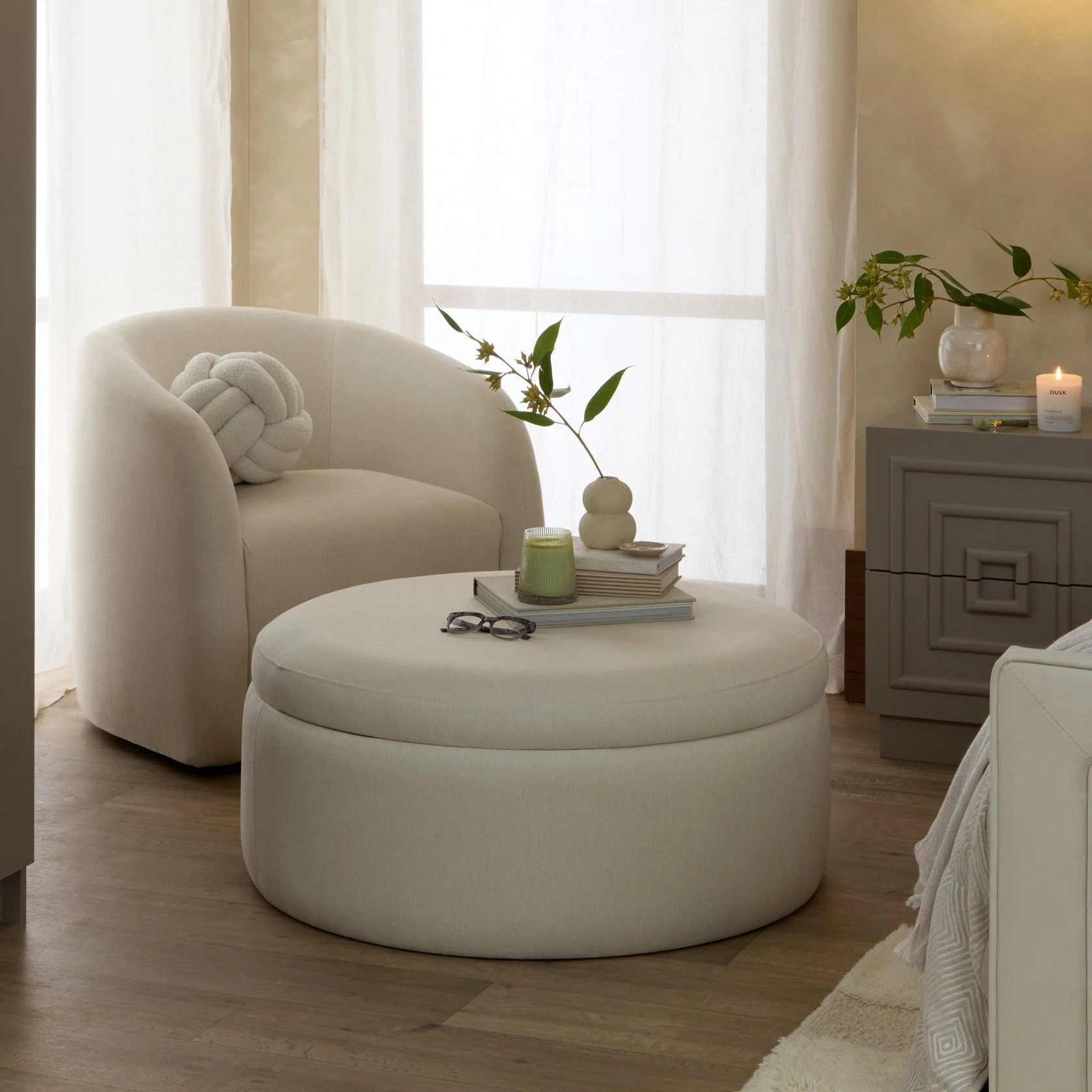 Stockton Round Storage Pouffe - Cream Linen - Image 2