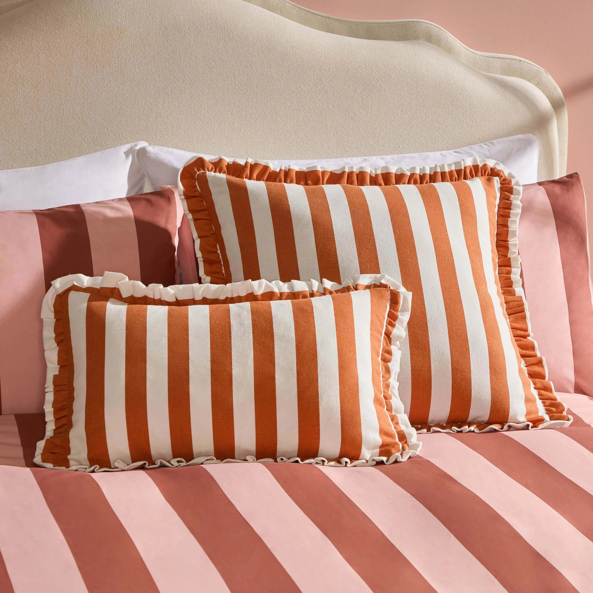 Stripe Frill Edge Cushion Cover - Burnt Orange