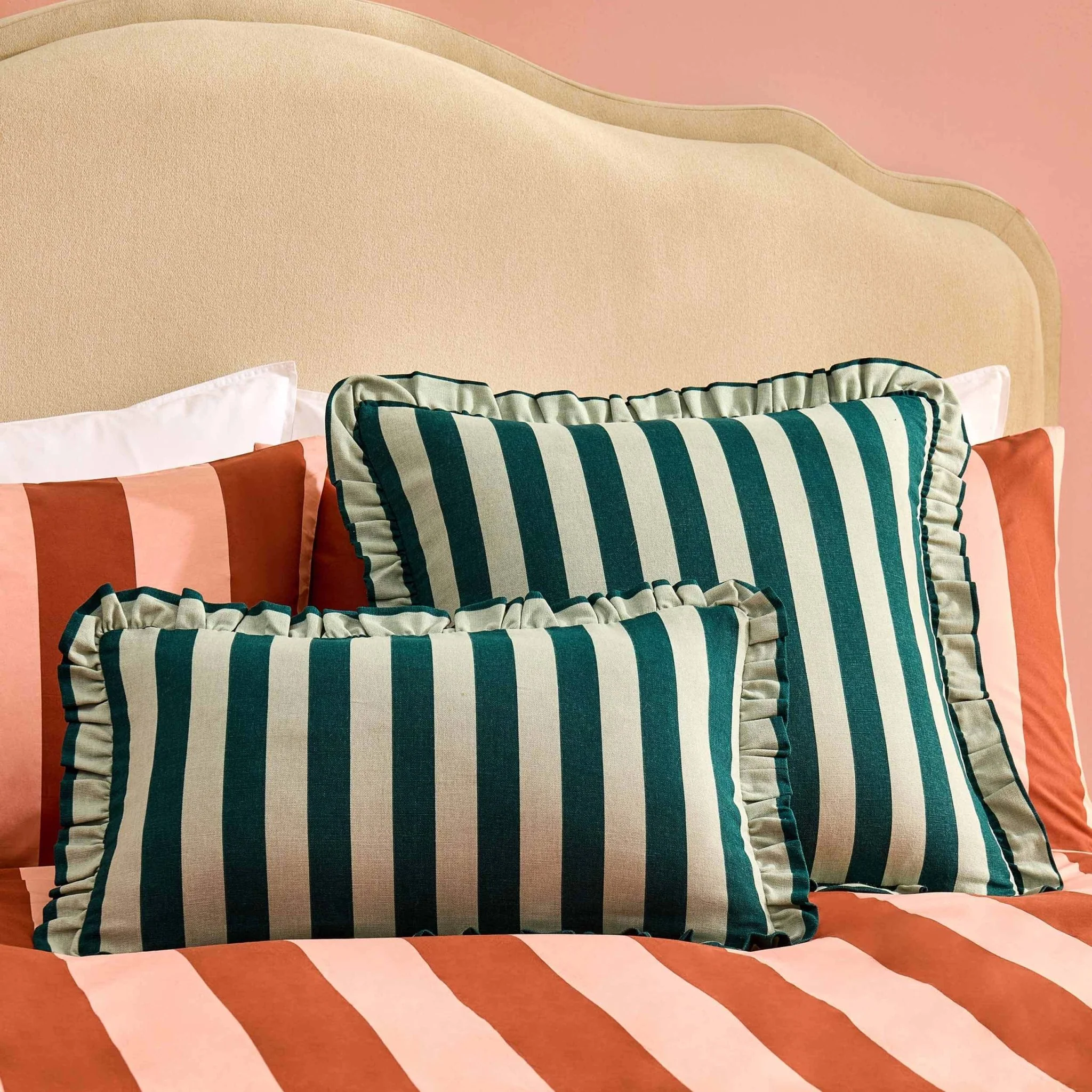 Stripe Frill Edge Cushion Cover - Green