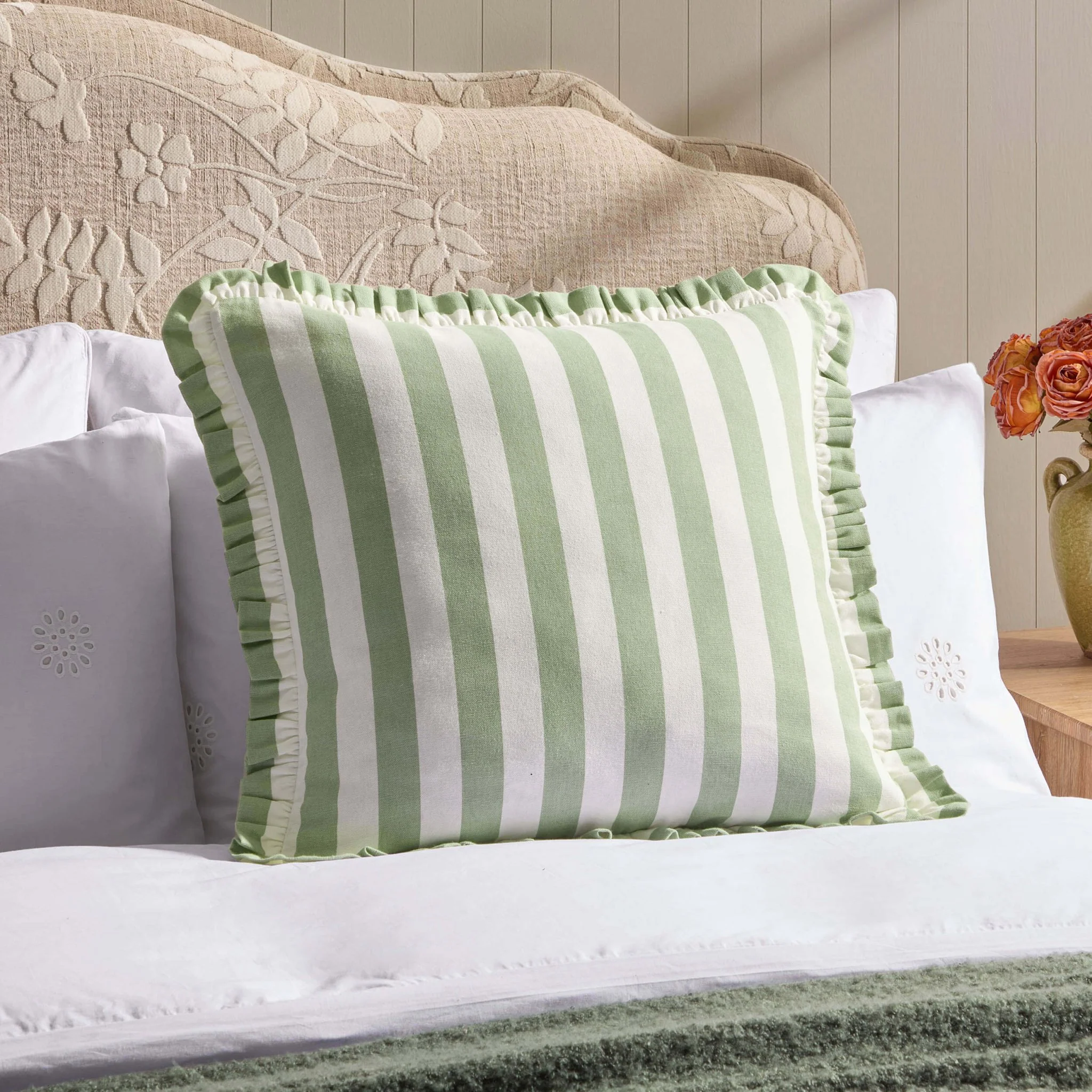 Stripe Frill Edge Cushion Cover - Sage