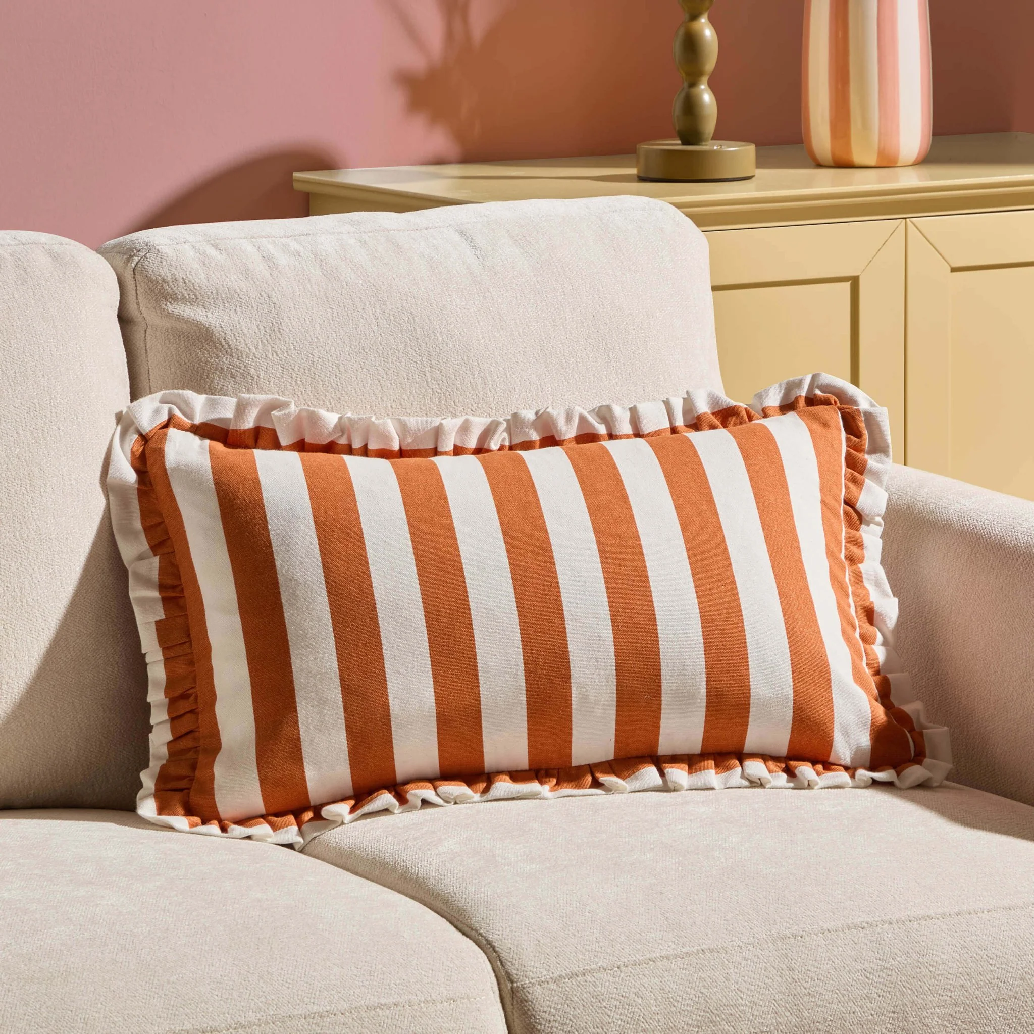 Stripe Frill Edge Sofa Cushion Cover - Burnt Orange - Image 2