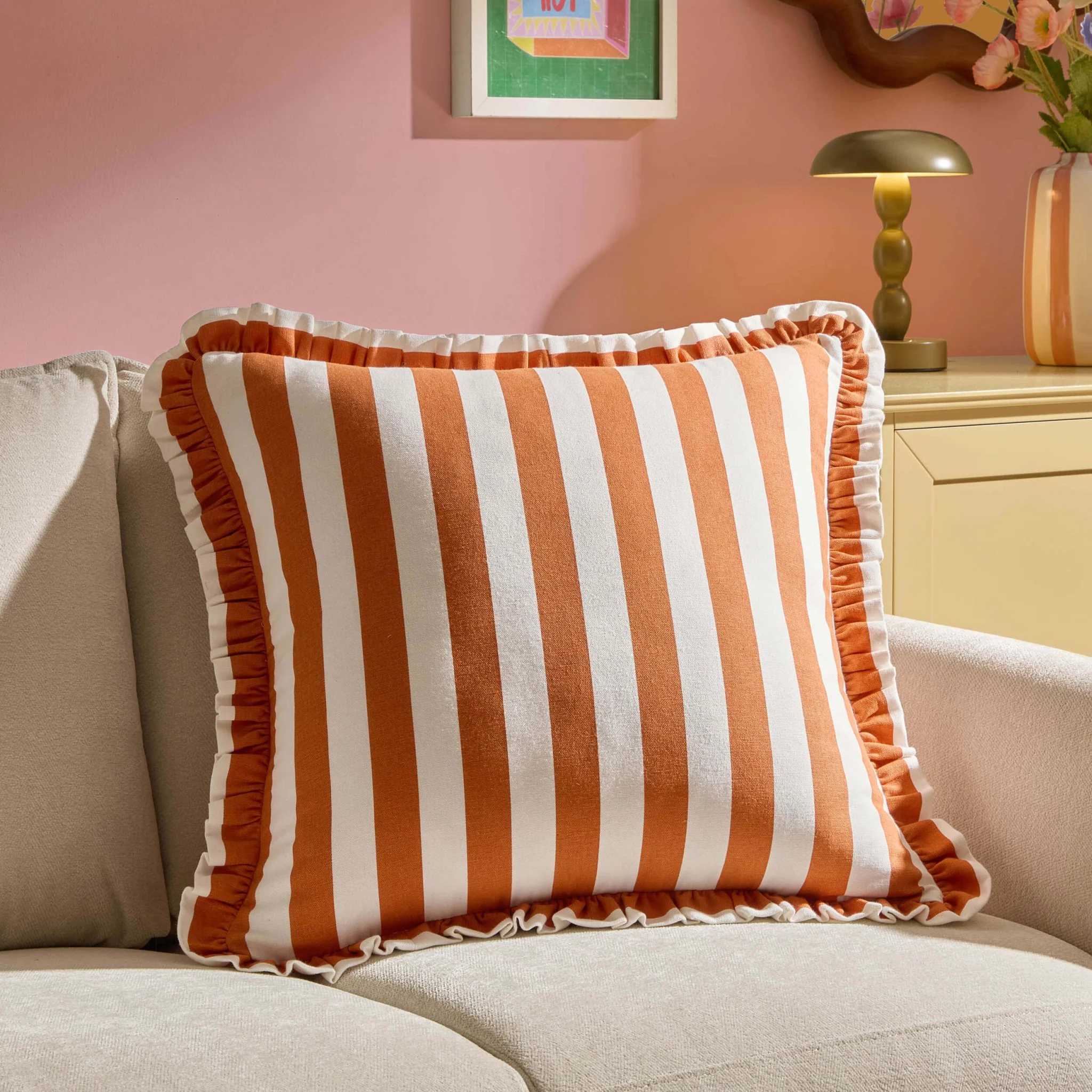 Stripe Frill Edge Sofa Cushion Cover - Burnt Orange - Image 3
