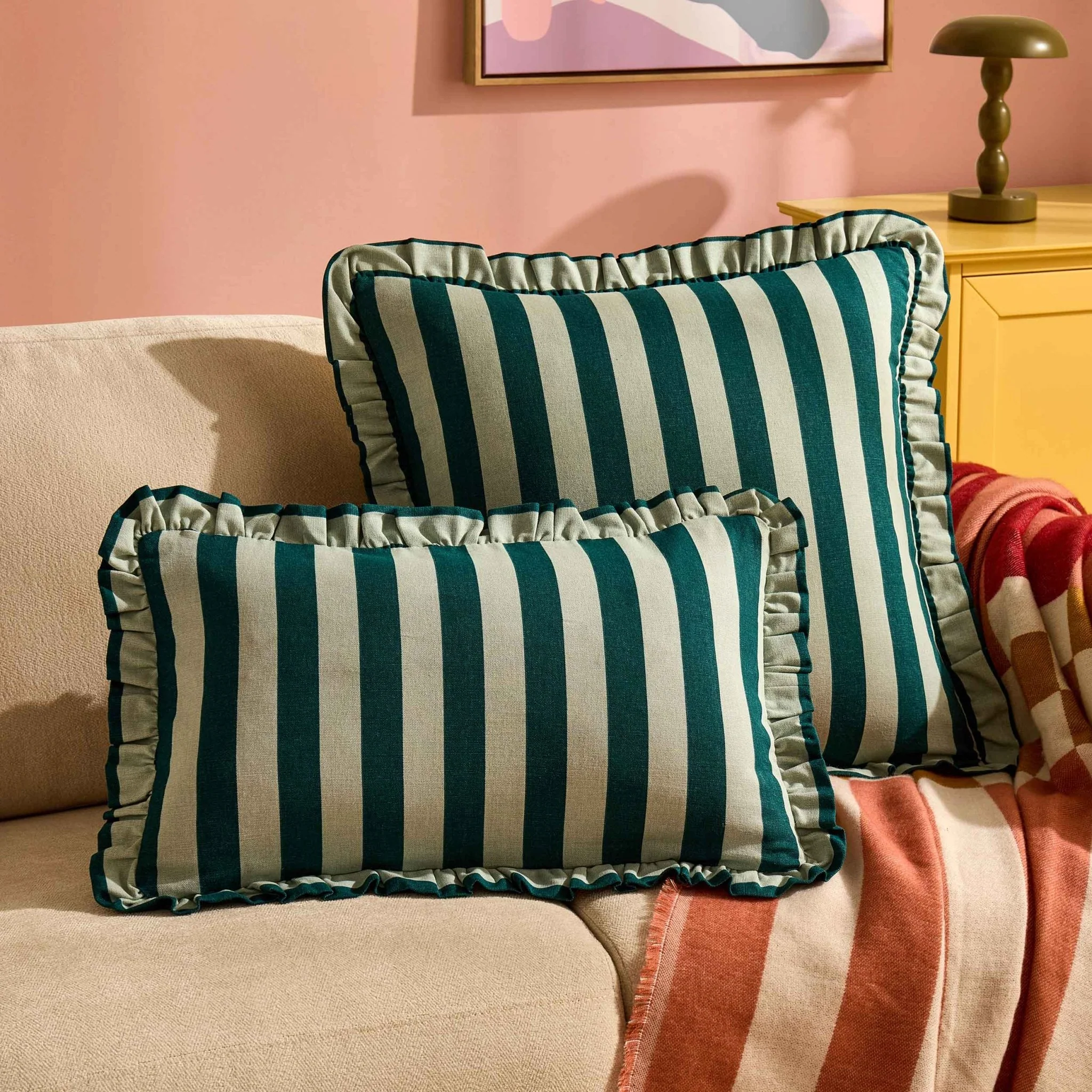 Stripe Frill Edge Sofa Cushion Cover - Green