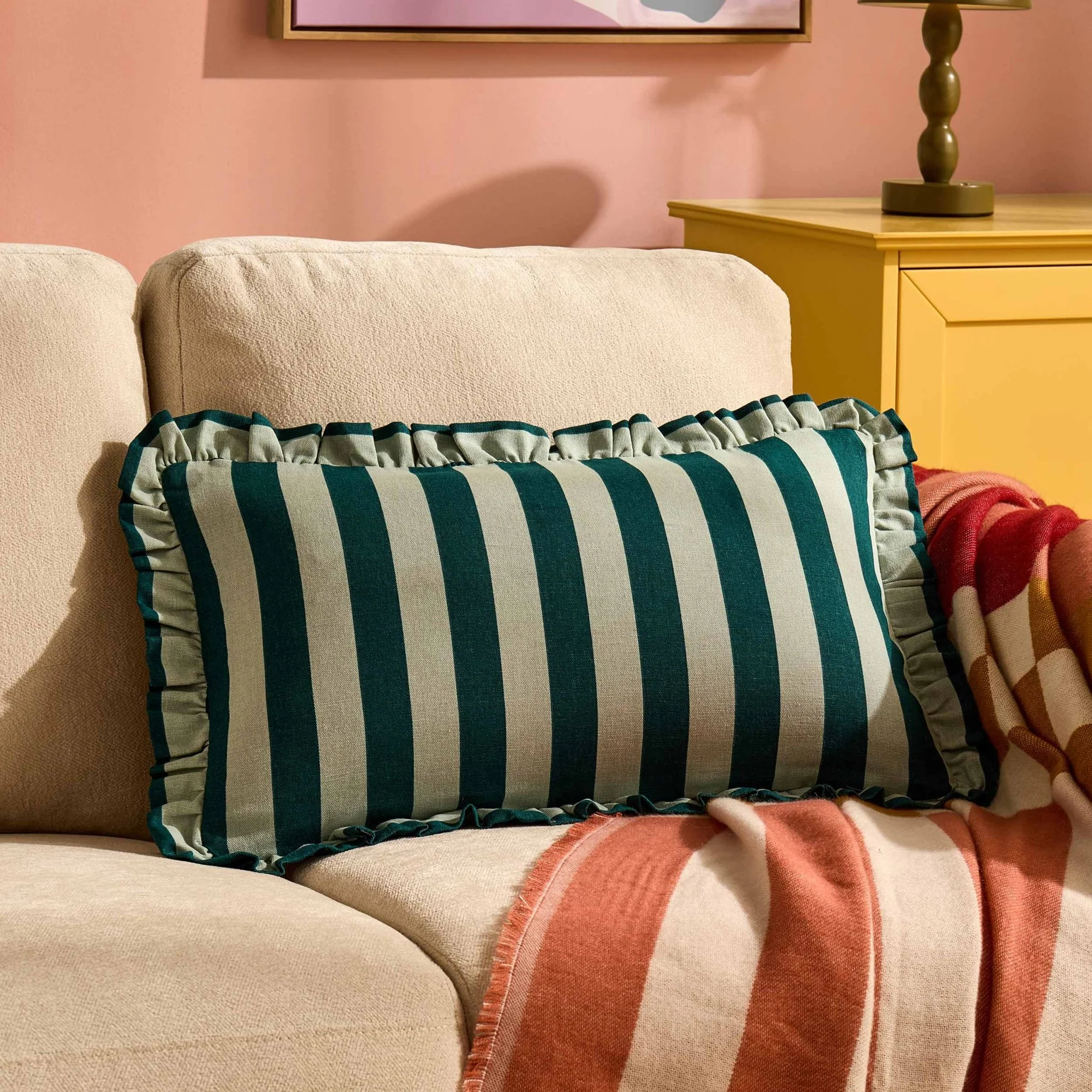 Stripe Frill Edge Sofa Cushion Cover - Green - Image 2