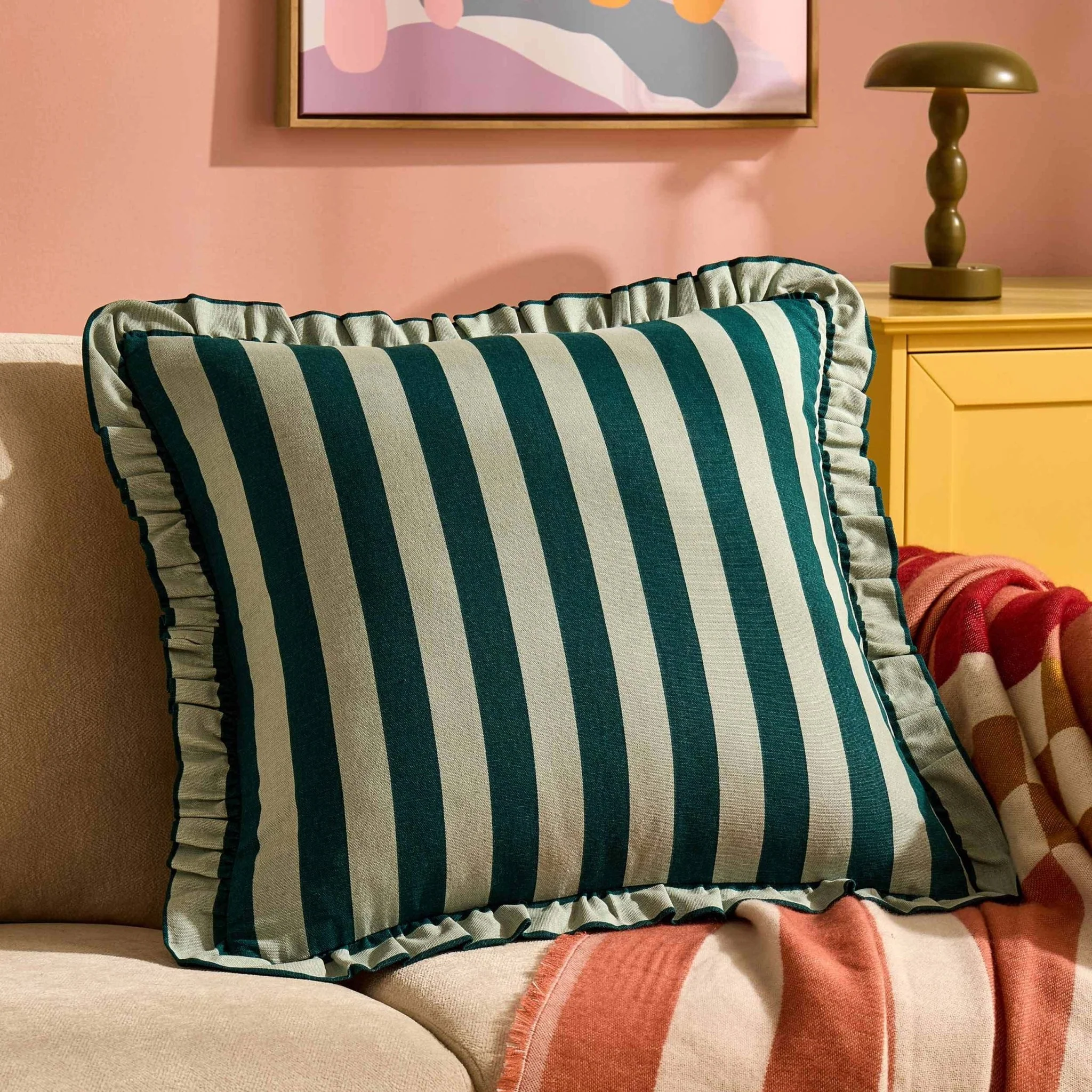 Stripe Frill Edge Sofa Cushion Cover - Green - Image 3
