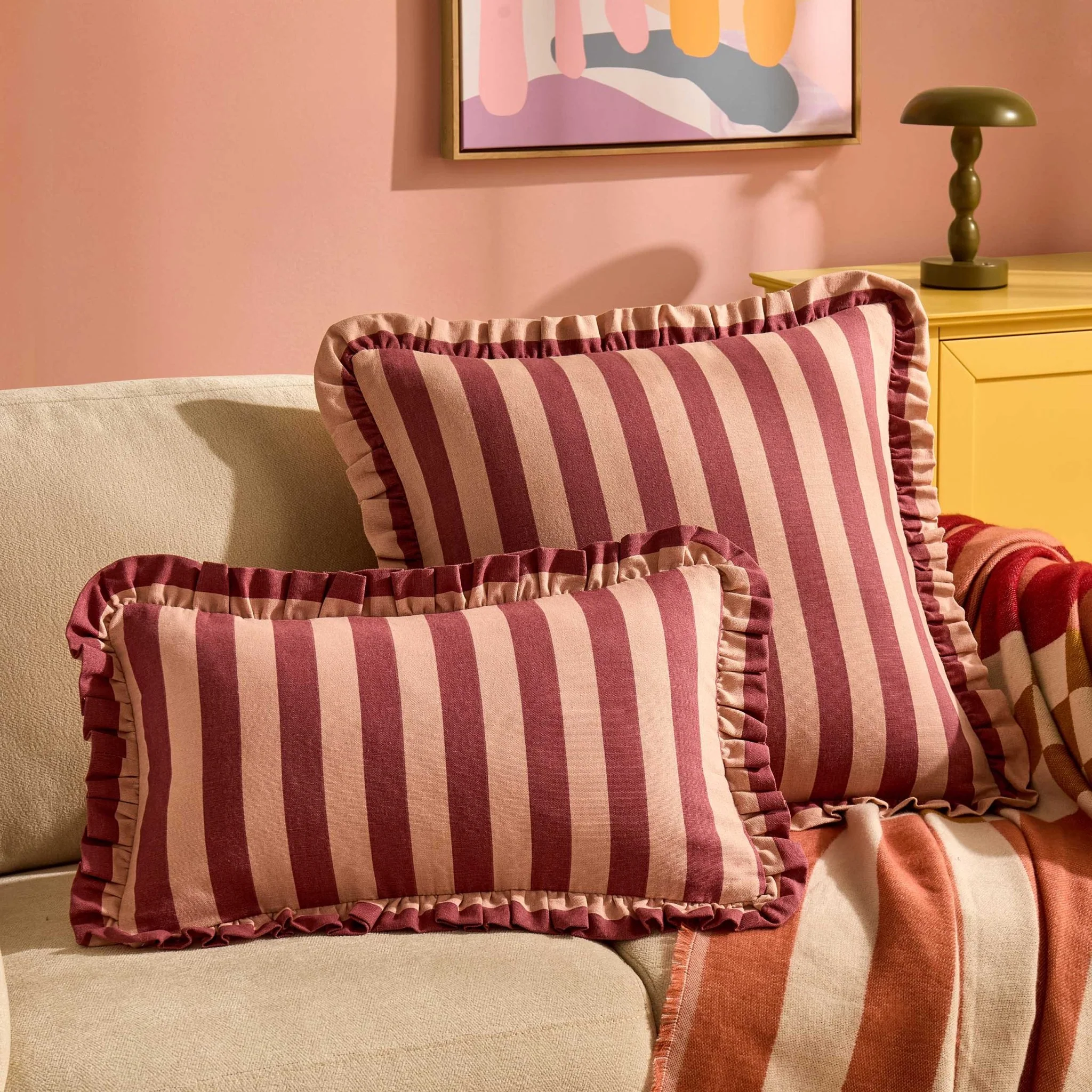 Stripe Frill Edge Sofa Cushion Cover - Pink