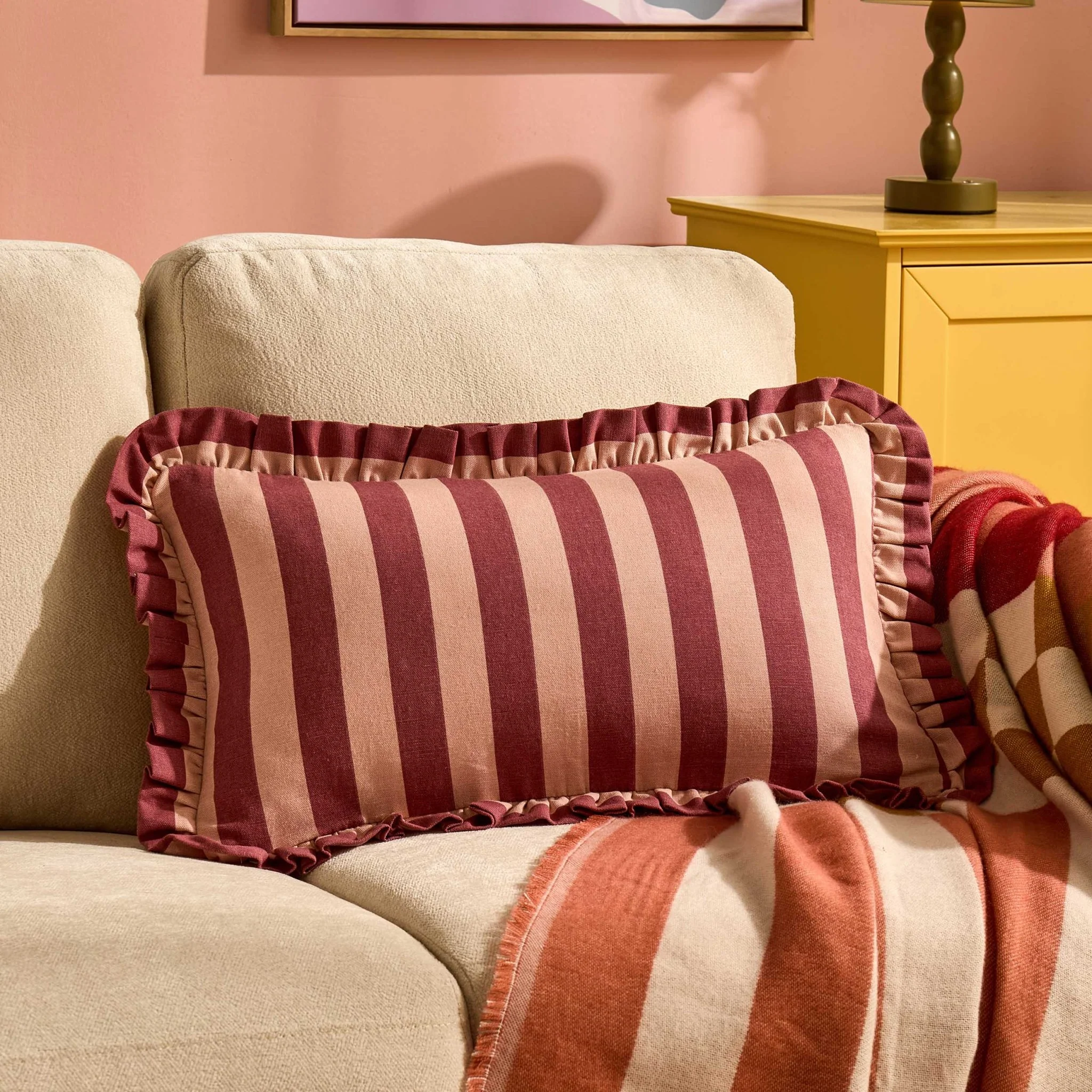Stripe Frill Edge Sofa Cushion Cover - Pink - Image 2
