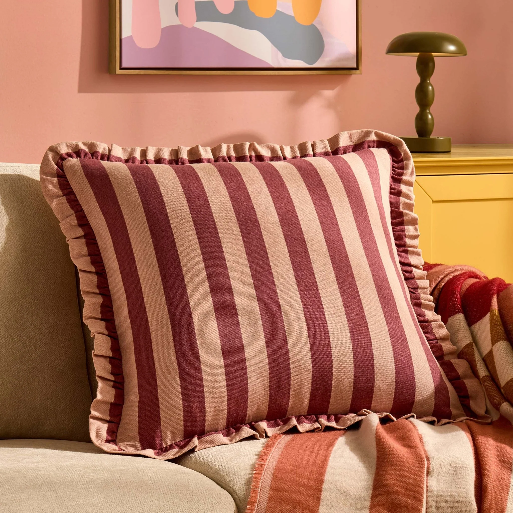 Stripe Frill Edge Sofa Cushion Cover - Pink - Image 3