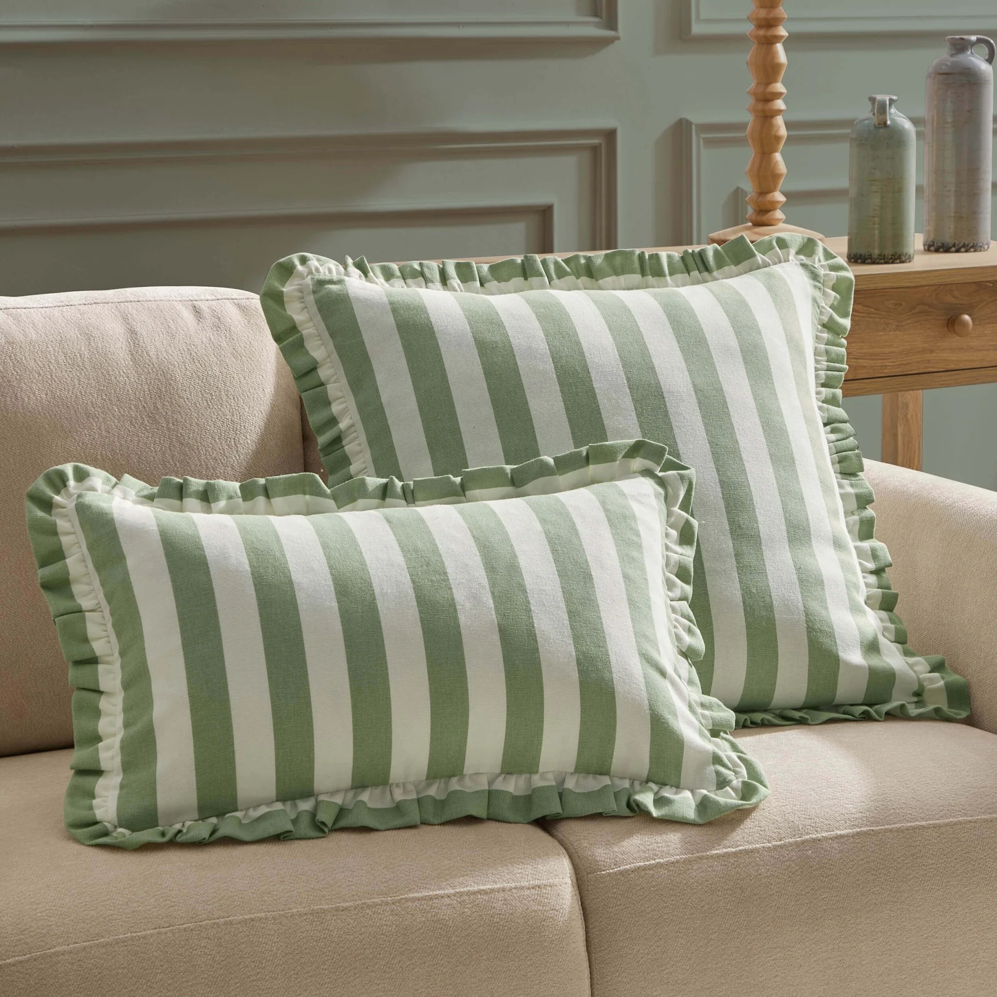 Stripe Frill Edge Sofa Cushion Cover - Sage