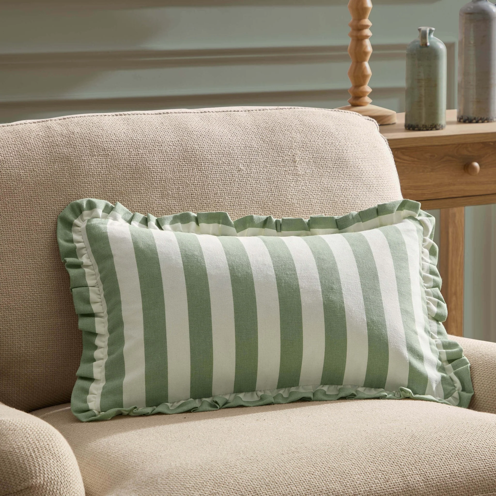 Stripe Frill Edge Sofa Cushion Cover - Sage - Image 2