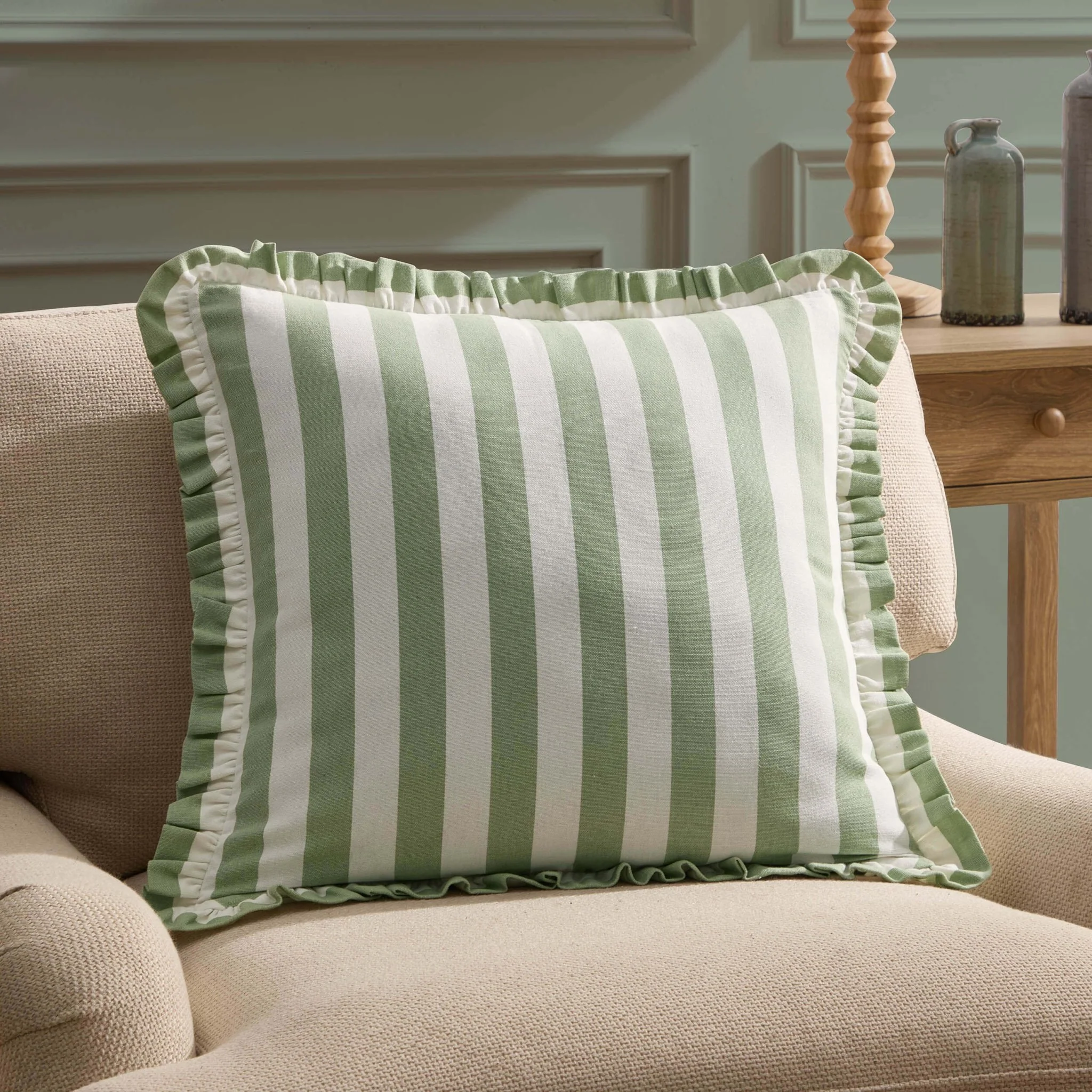 Stripe Frill Edge Sofa Cushion Cover - Sage - Image 3