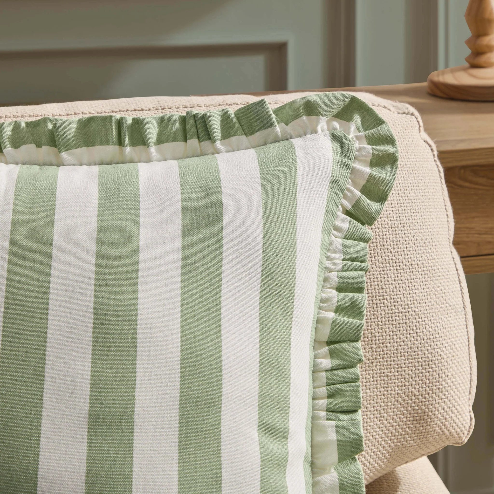 Stripe Frill Edge Sofa Cushion Cover - Sage - Image 4