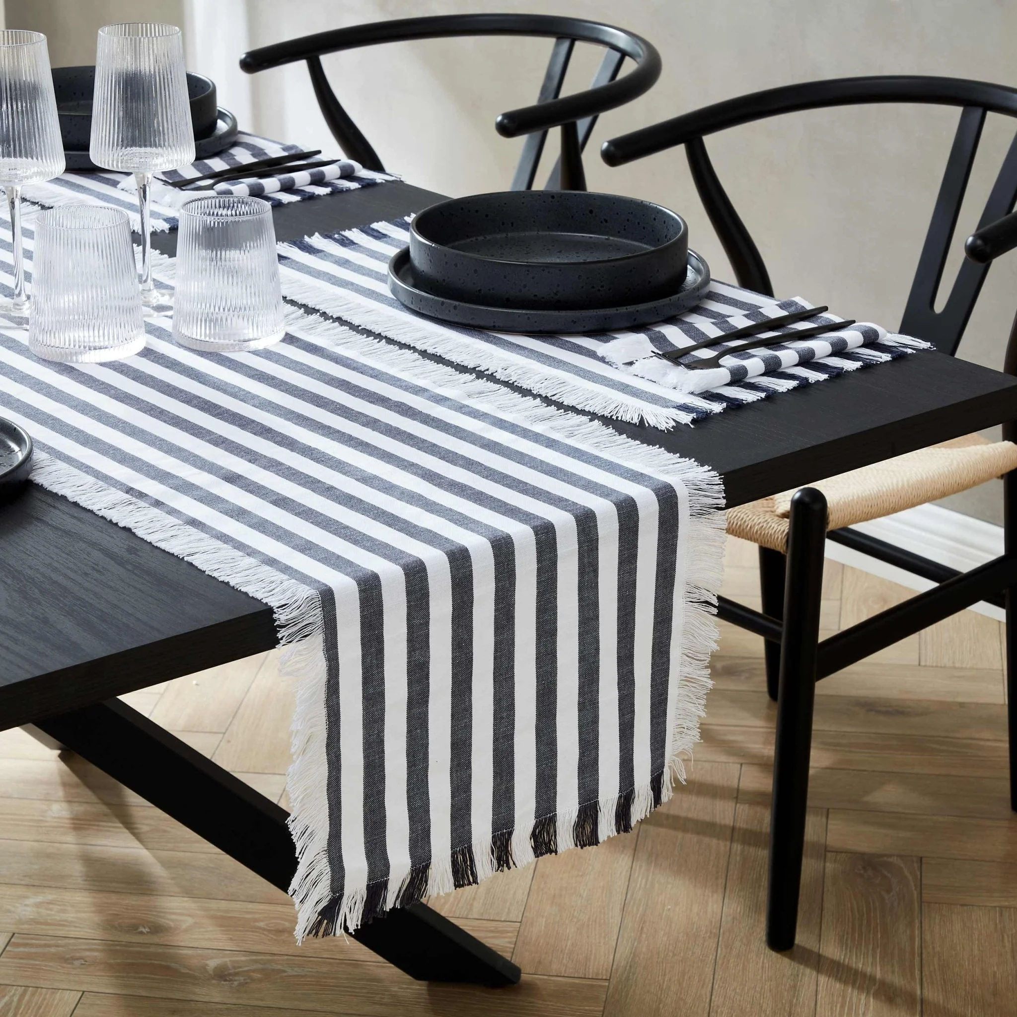 Stripe Fringed Edge Table Runner - Navy