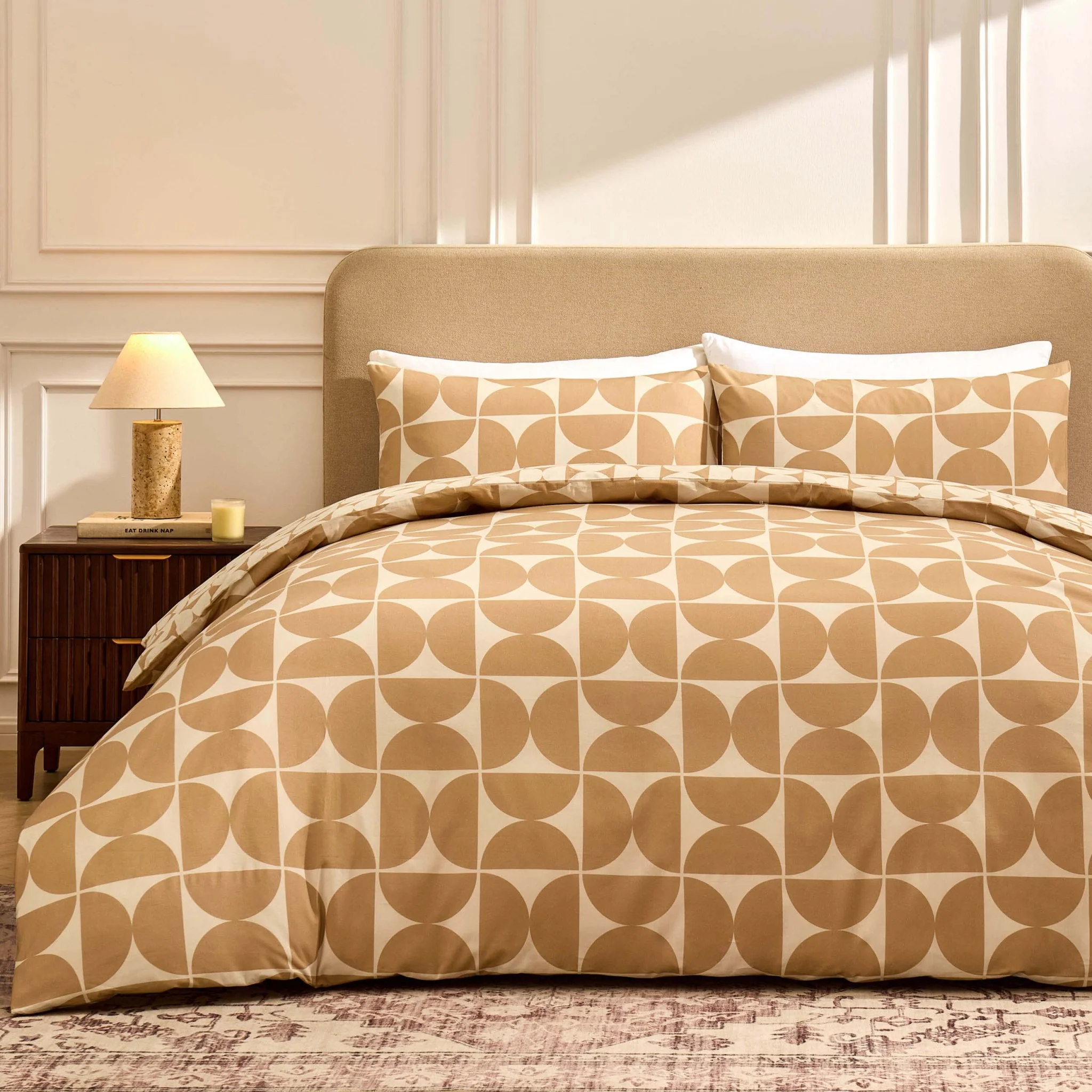Suki 100% Cotton Geo Print Duvet Cover & Pillowcase Set - Stone
