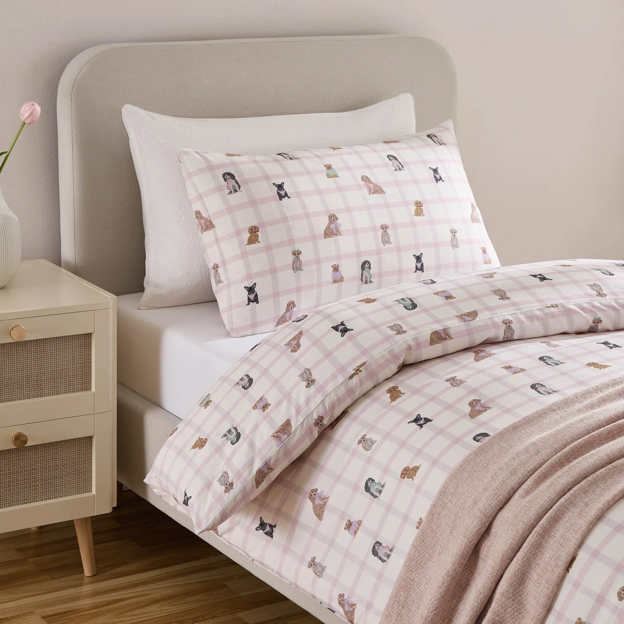 Tilly 100% Cotton Dogs Print Duvet Cover Set - Pink