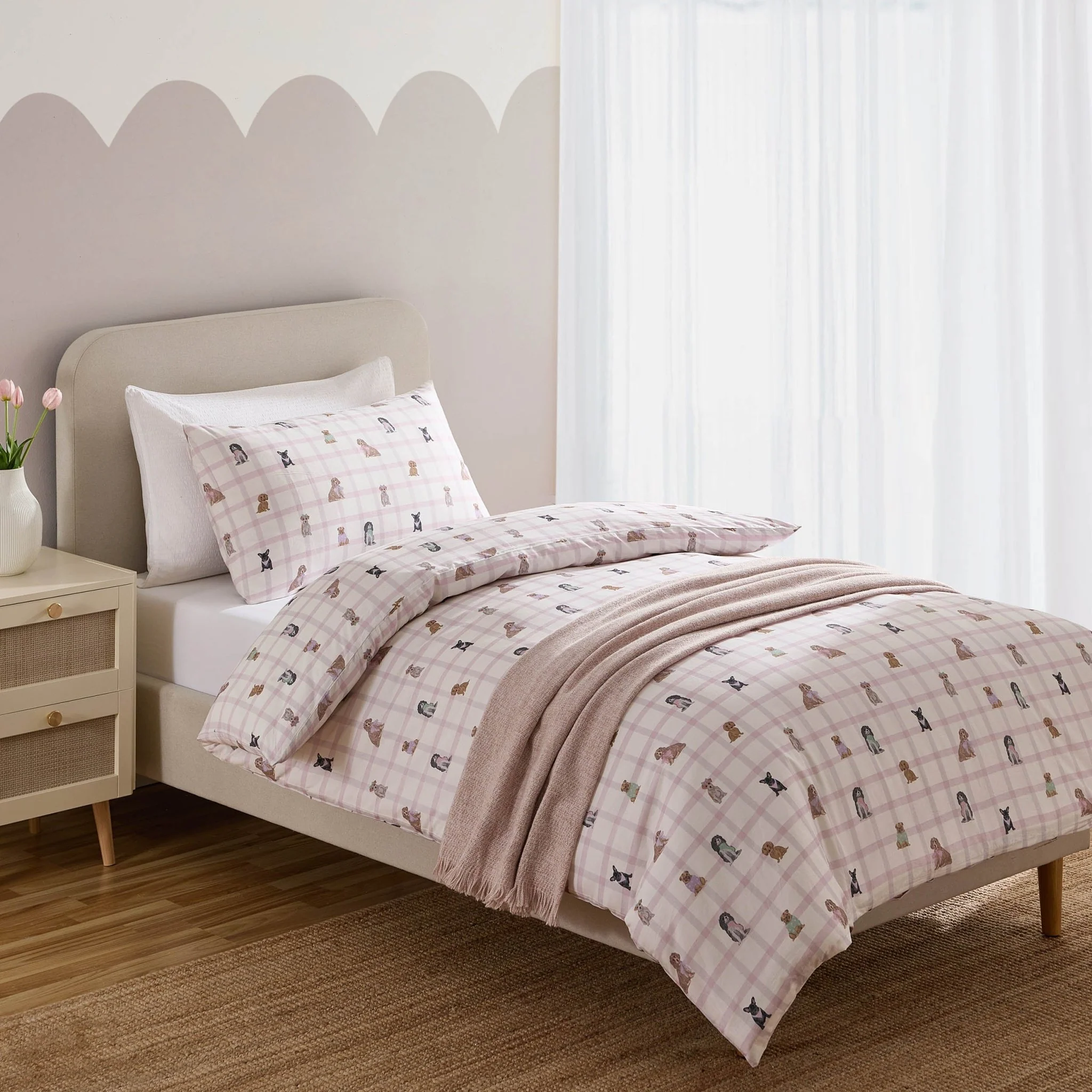 Tilly 100% Cotton Dogs Print Duvet Cover Set - Pink - Image 3