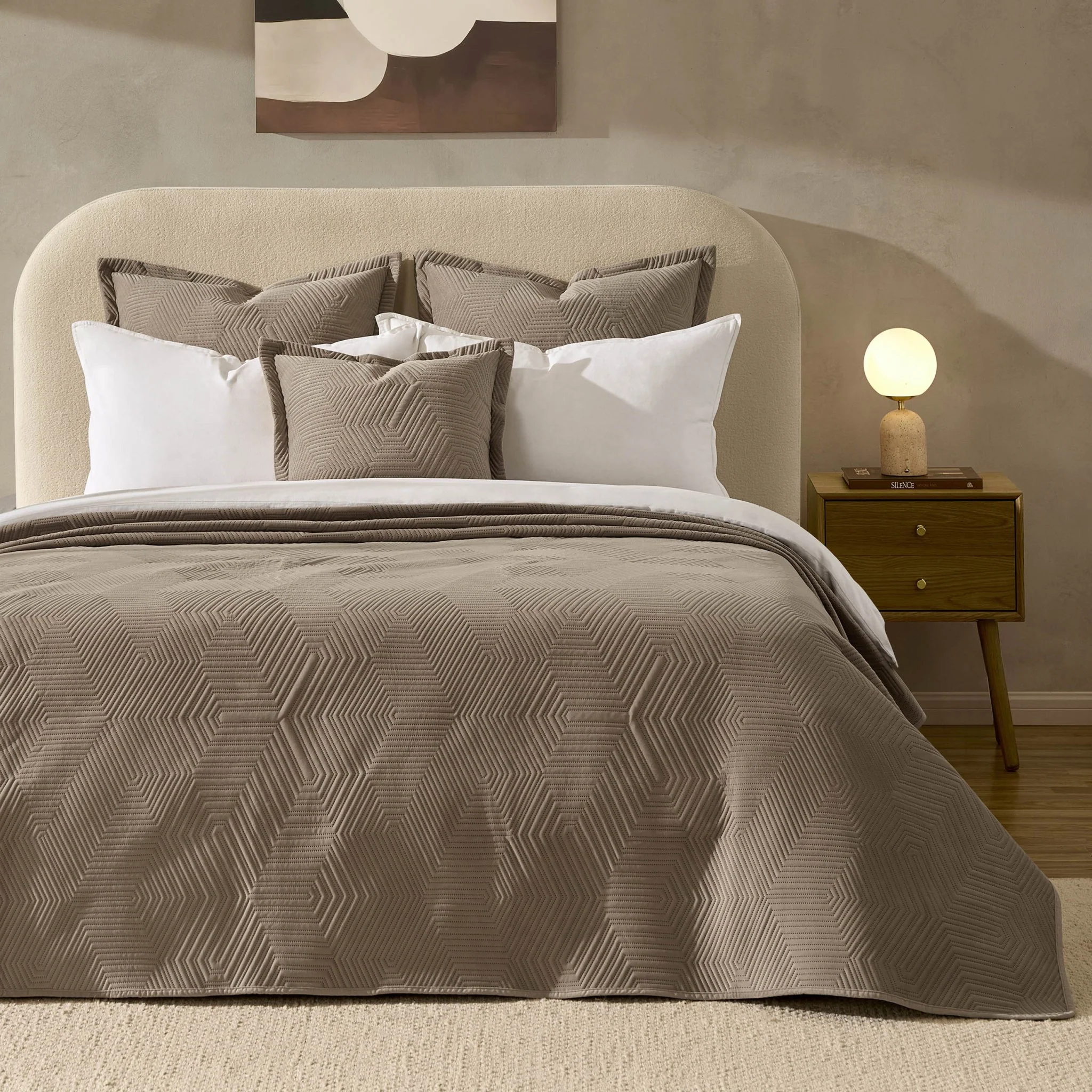 Torino Velvet Geometric Pinsonic Bedspread - Taupe