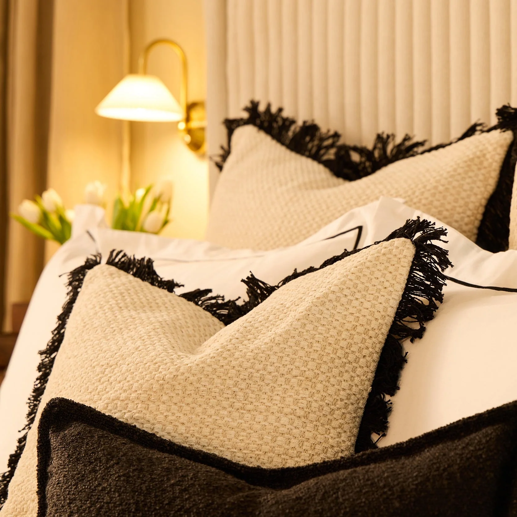 Tufted Chenille Cushion Cover - Cream/Black - Image 3