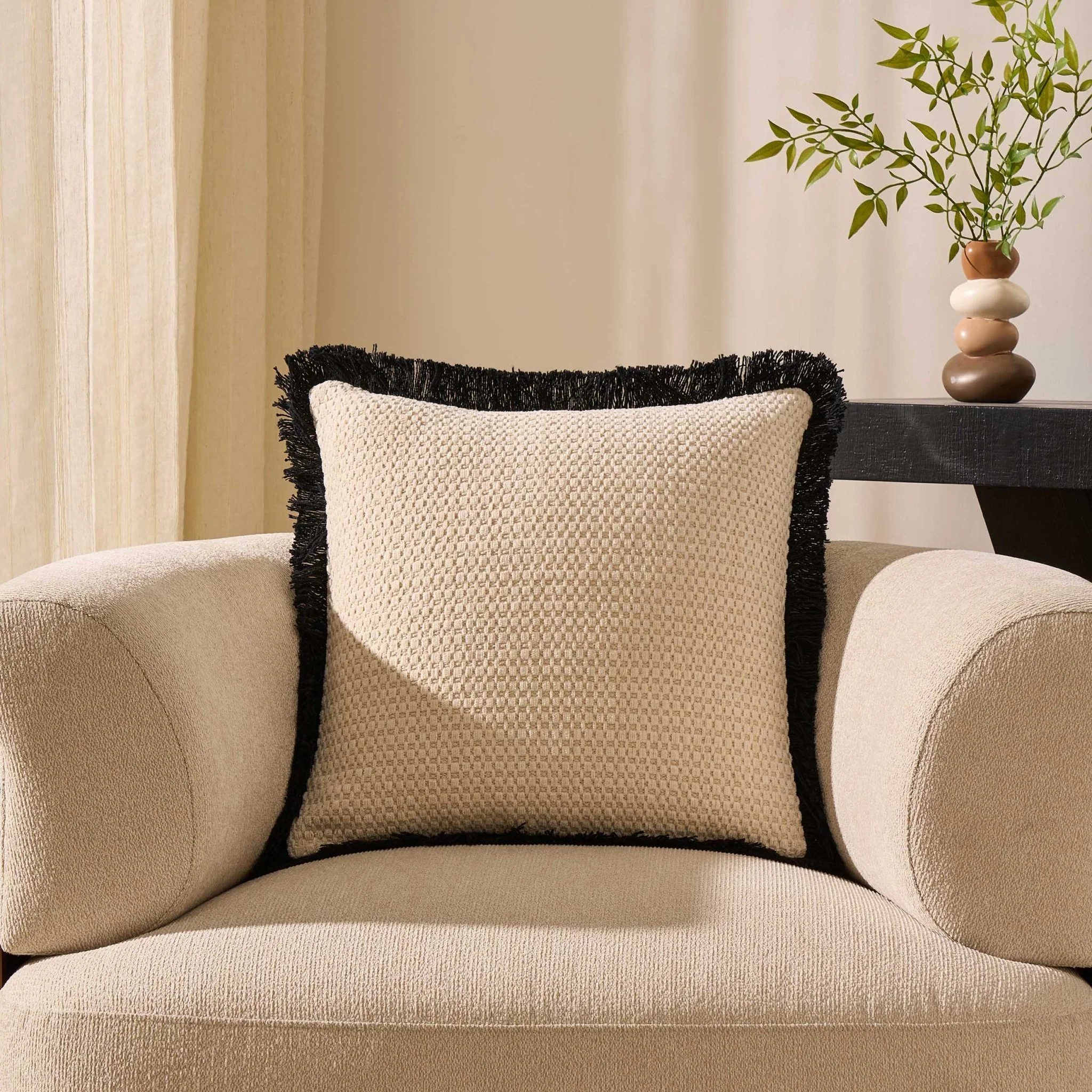 Tufted Chenille Sofa Cushion Cover - Cream/Black