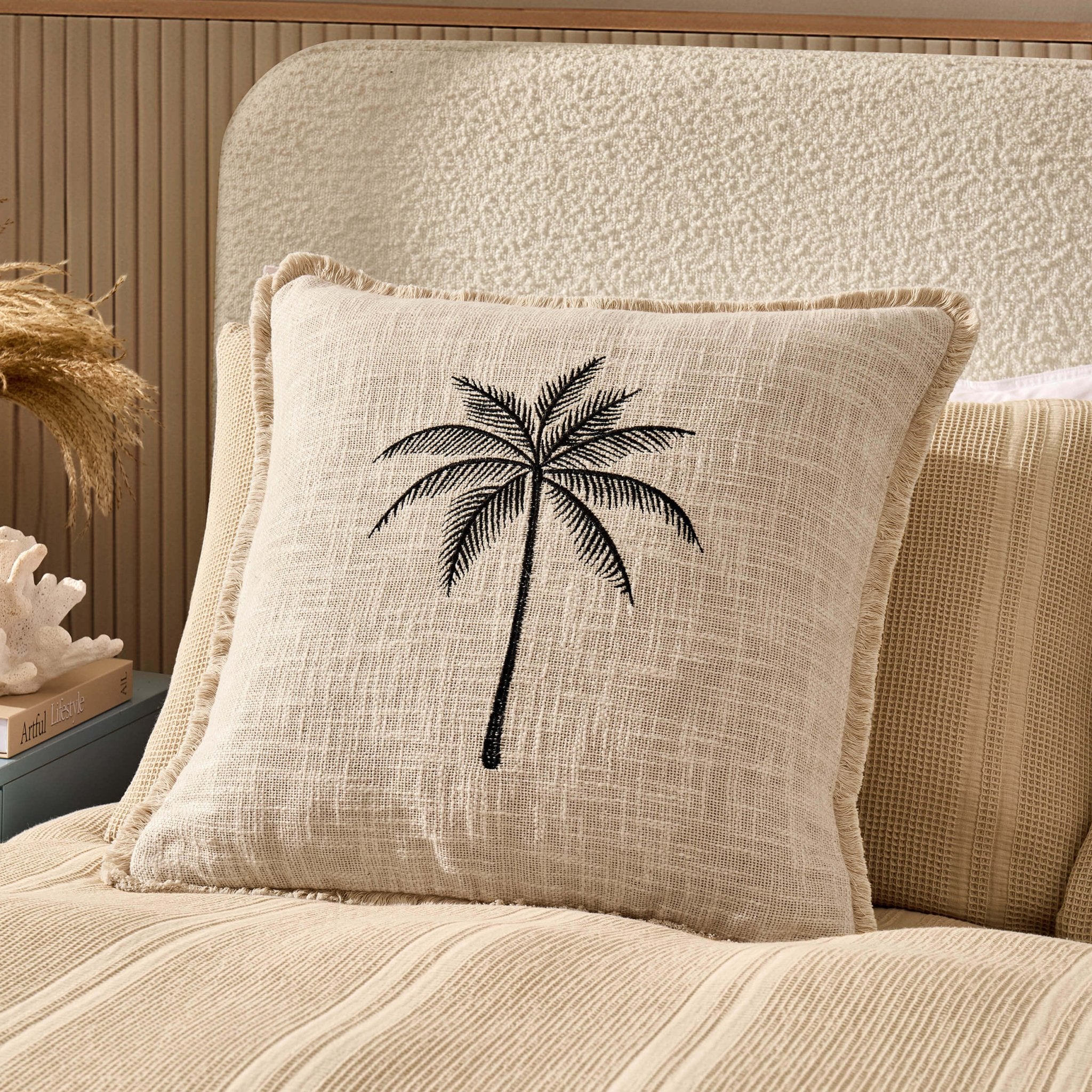 Tufted Edge Embroidered Palm Tree Cushion Cover - Off White