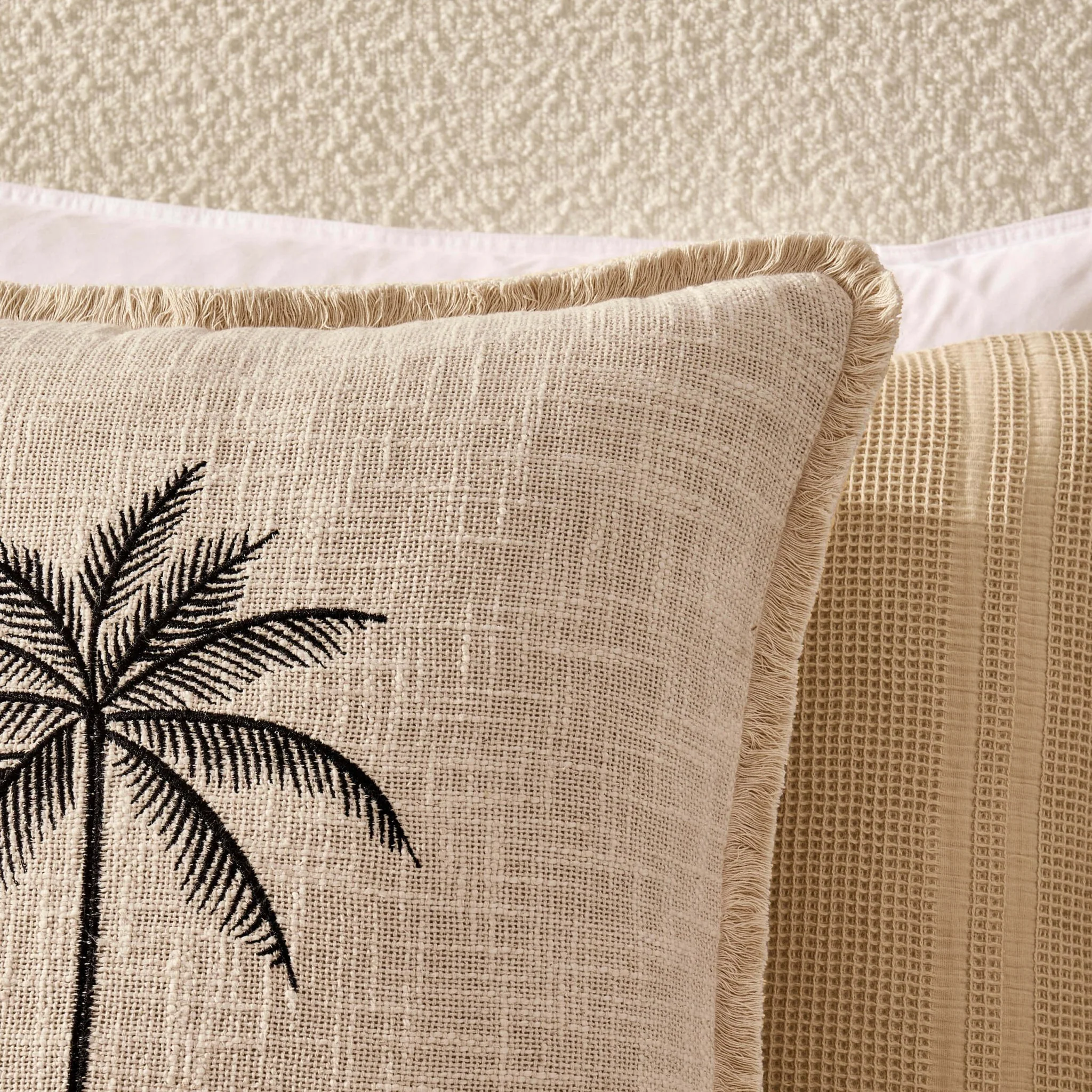 Tufted Edge Embroidered Palm Tree Cushion Cover - Off White - Image 2