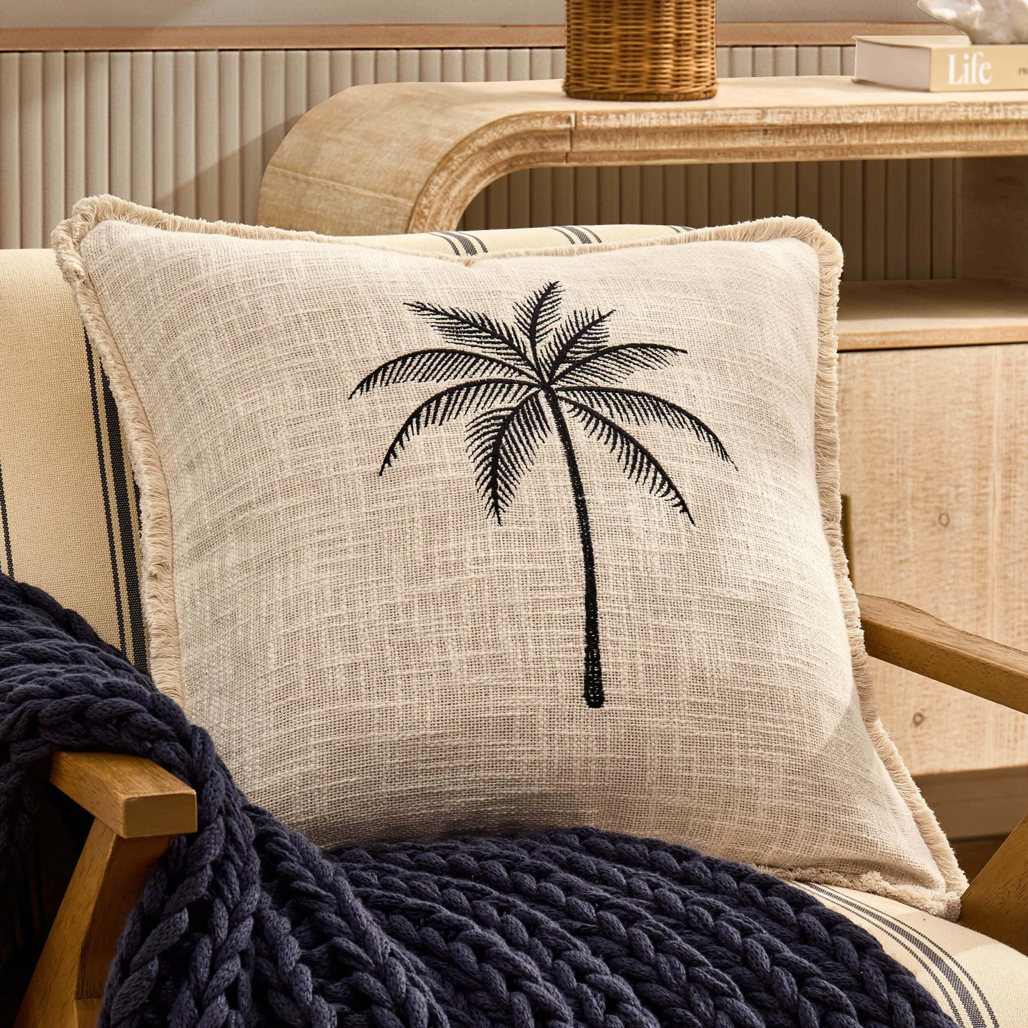 Tufted Edge Embroidered Palm Tree Sofa Cushion Cover - Off White