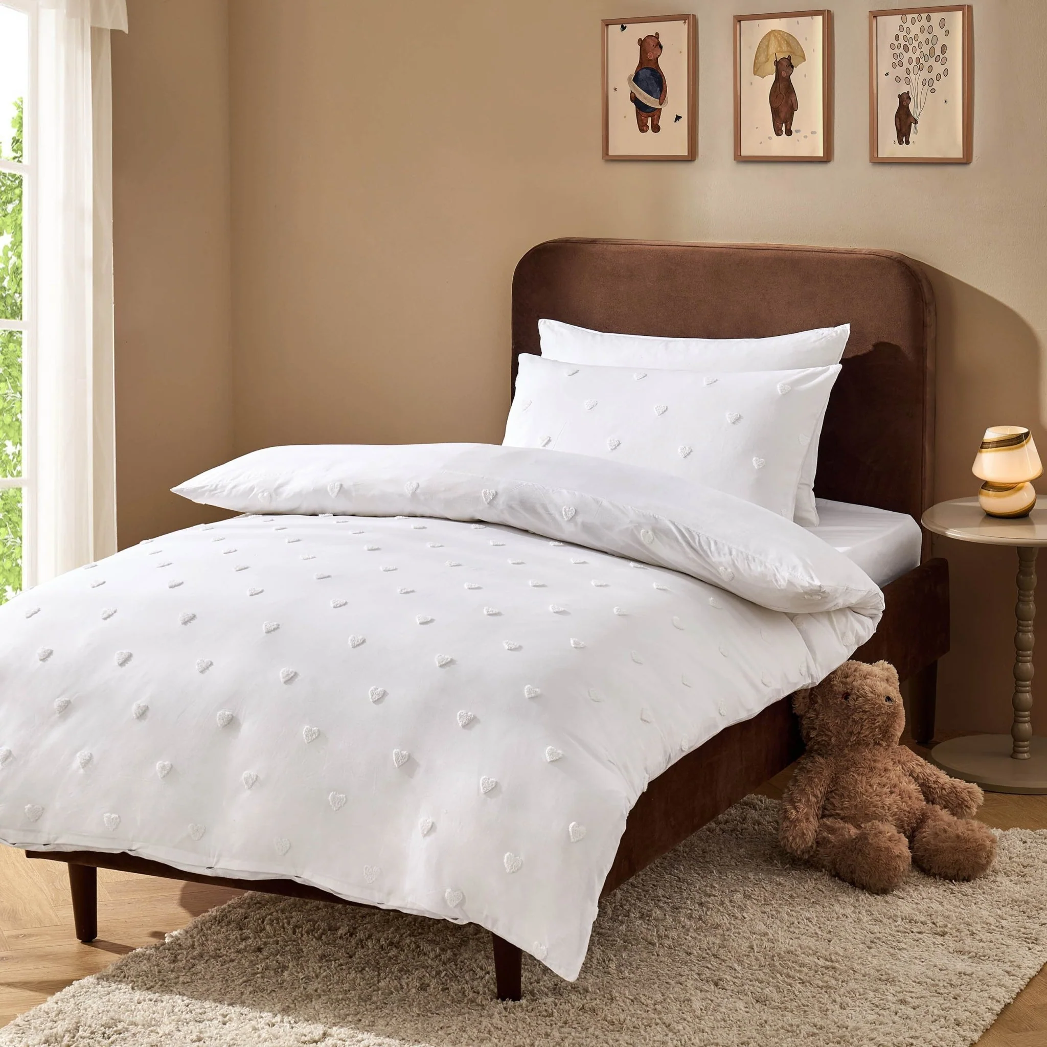 Tufted Heart Jacquard 100% Cotton Duvet Cover & Pillowcase set - White