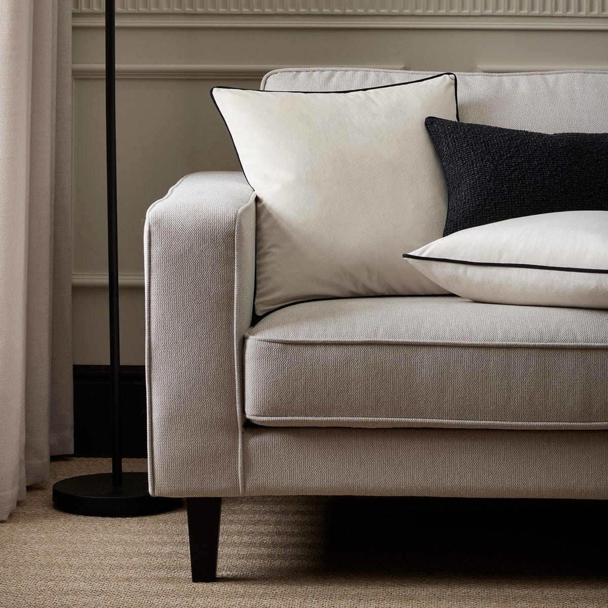Velvet Sofa Cushion Cover - Off White Contrast Black Piping