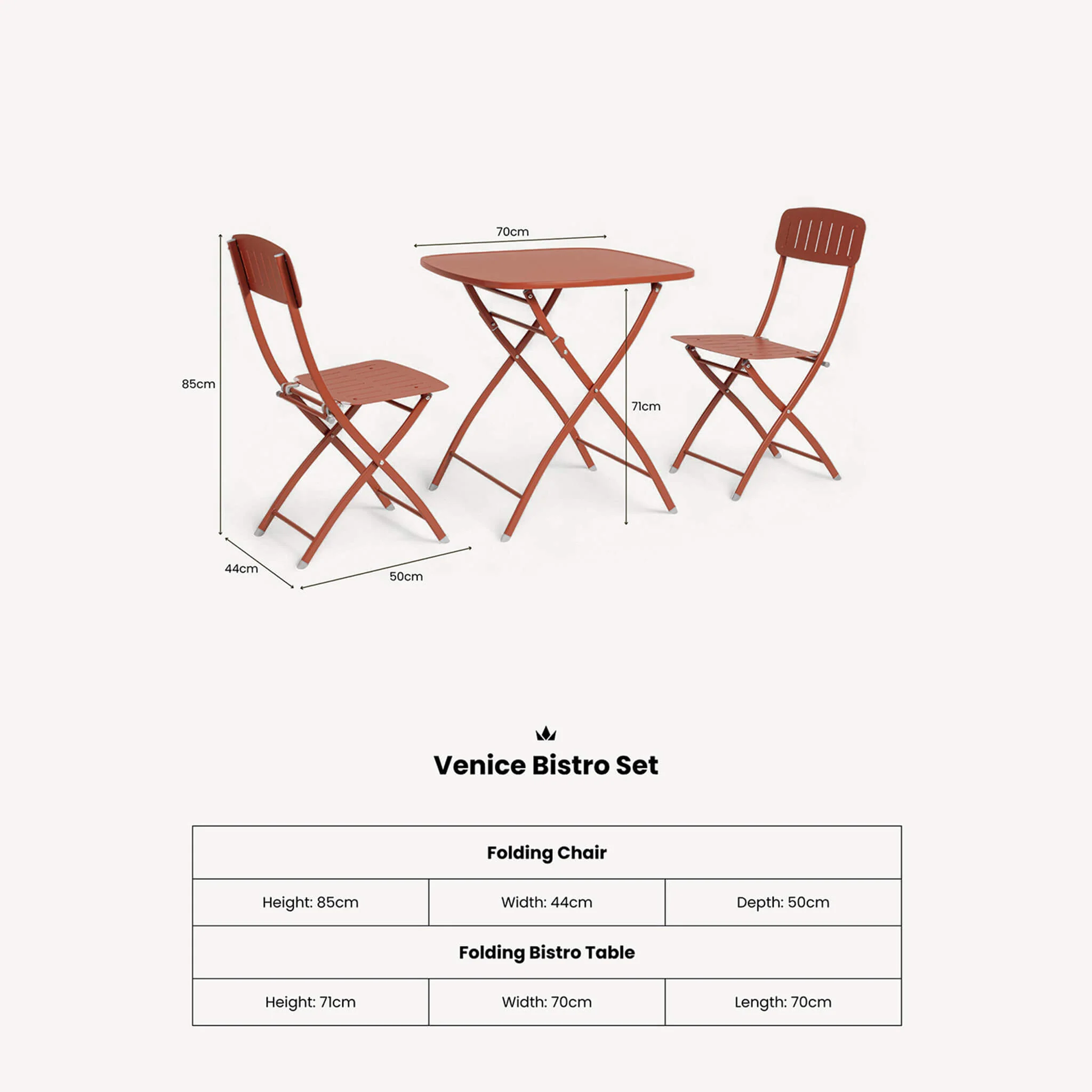 Venice Outdoor 2 Seater Square Bistro Table and Chairs - Cayenne Pepper - Image 3