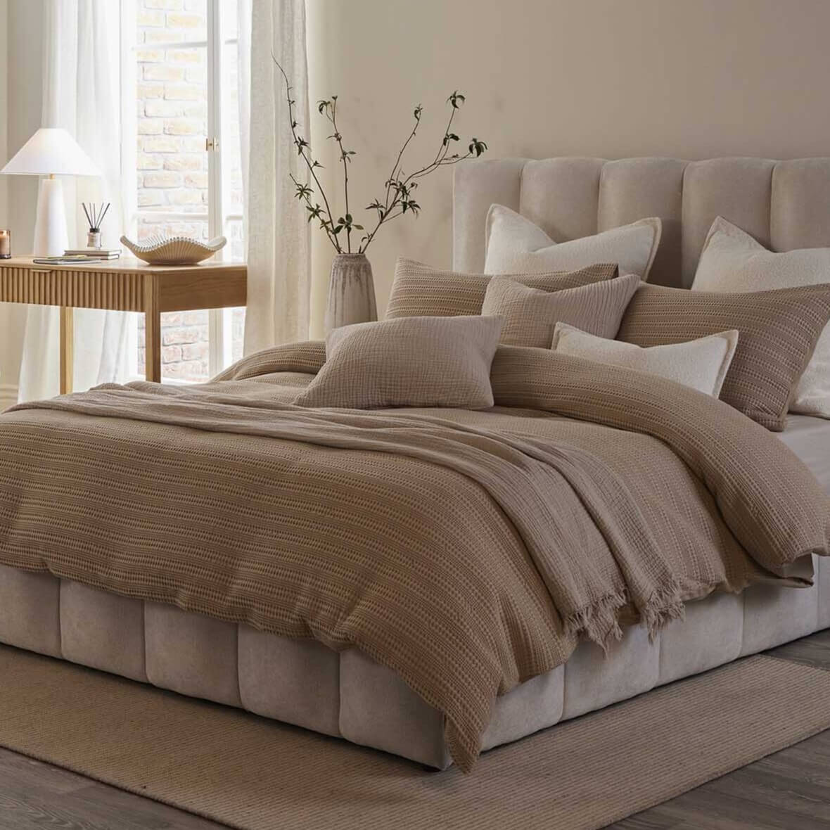Vermont 180 Thread Count Waffle Duvet Cover & Pillowcase Set - Mocha - Image 6
