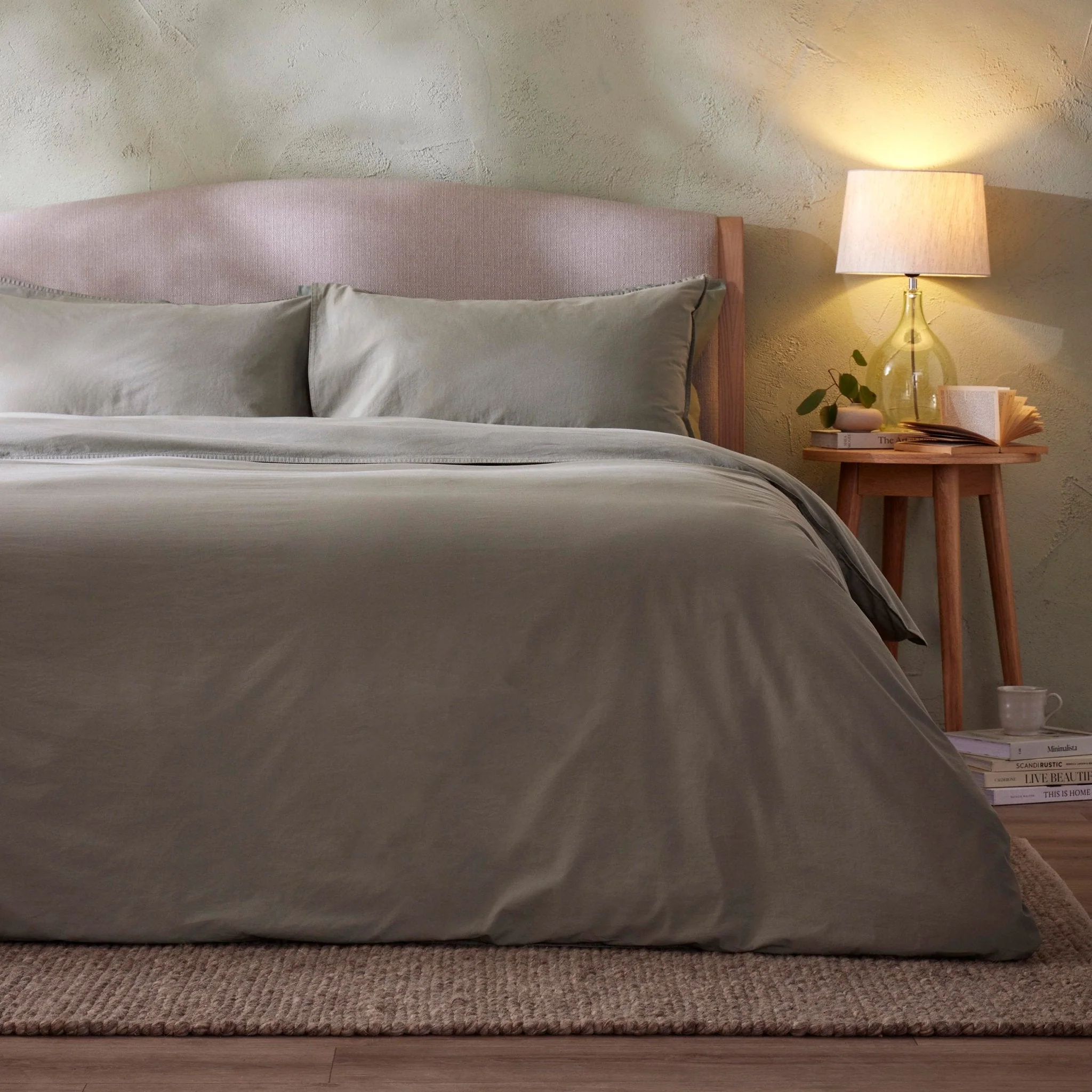 Washed Cotton 200 Thread Count Plain Dye Duvet Cover & Pillowcase Set - Olive