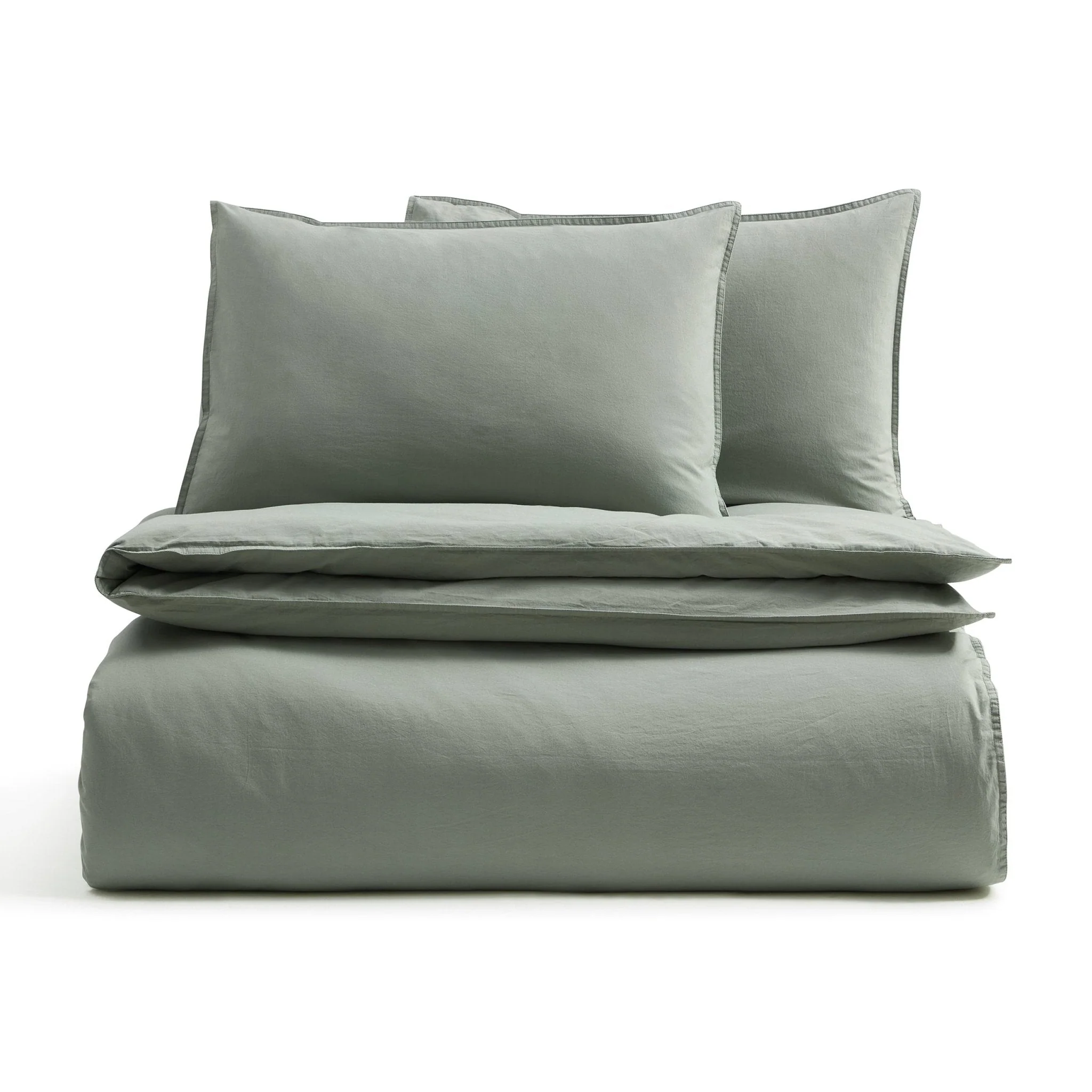 Washed Cotton 200 Thread Count Plain Dye Duvet Cover & Pillowcase Set - Olive - Image 5