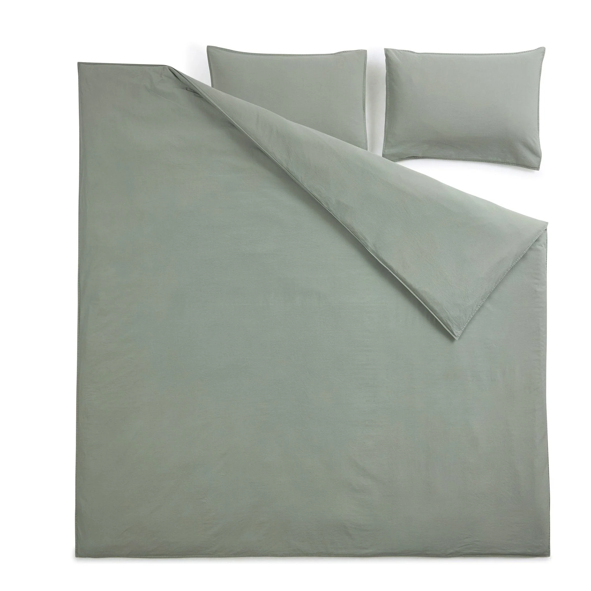 Washed Cotton 200 Thread Count Plain Dye Duvet Cover & Pillowcase Set - Olive - Image 7